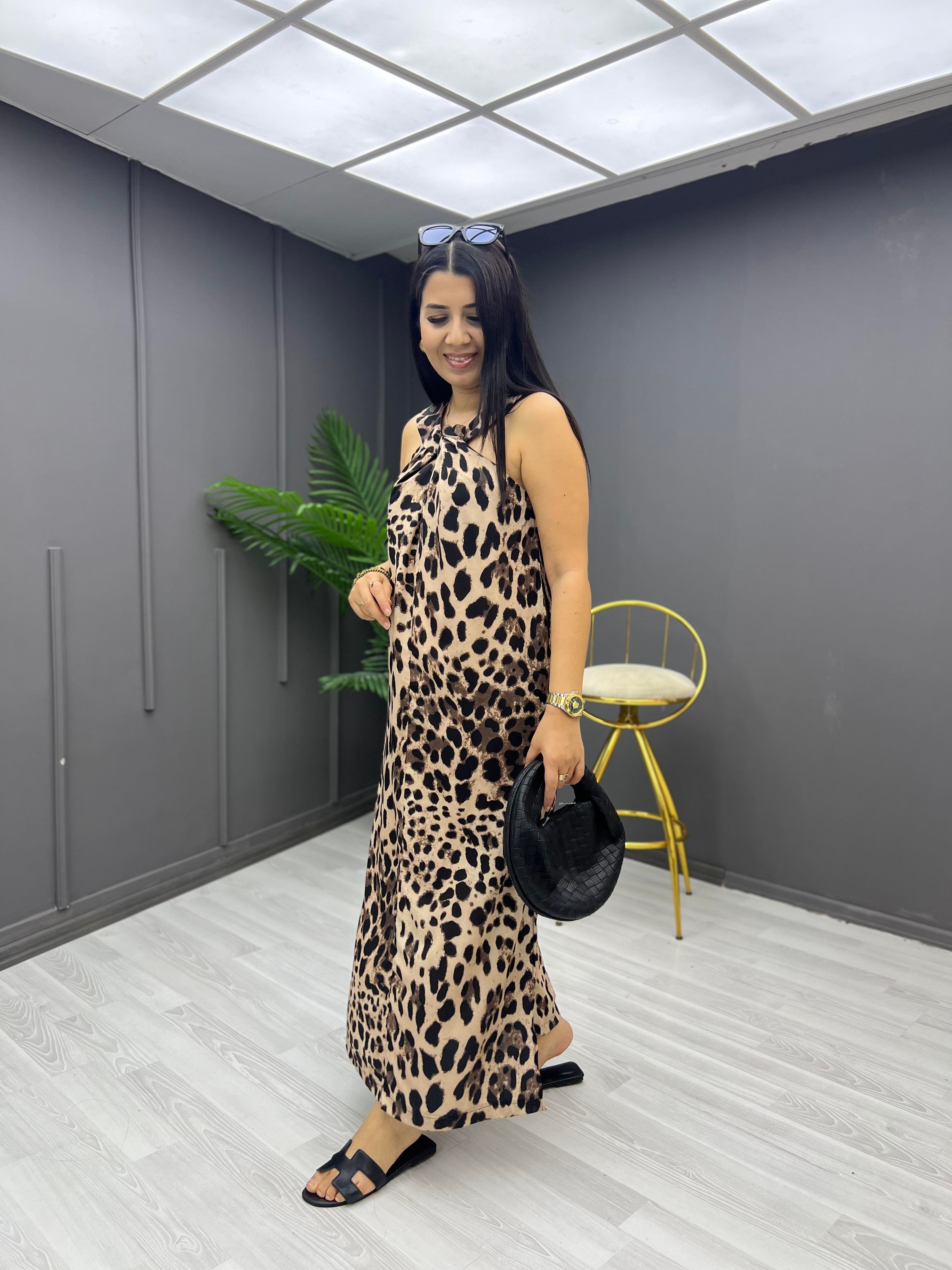 Leopar Desenli Uzun Elbise