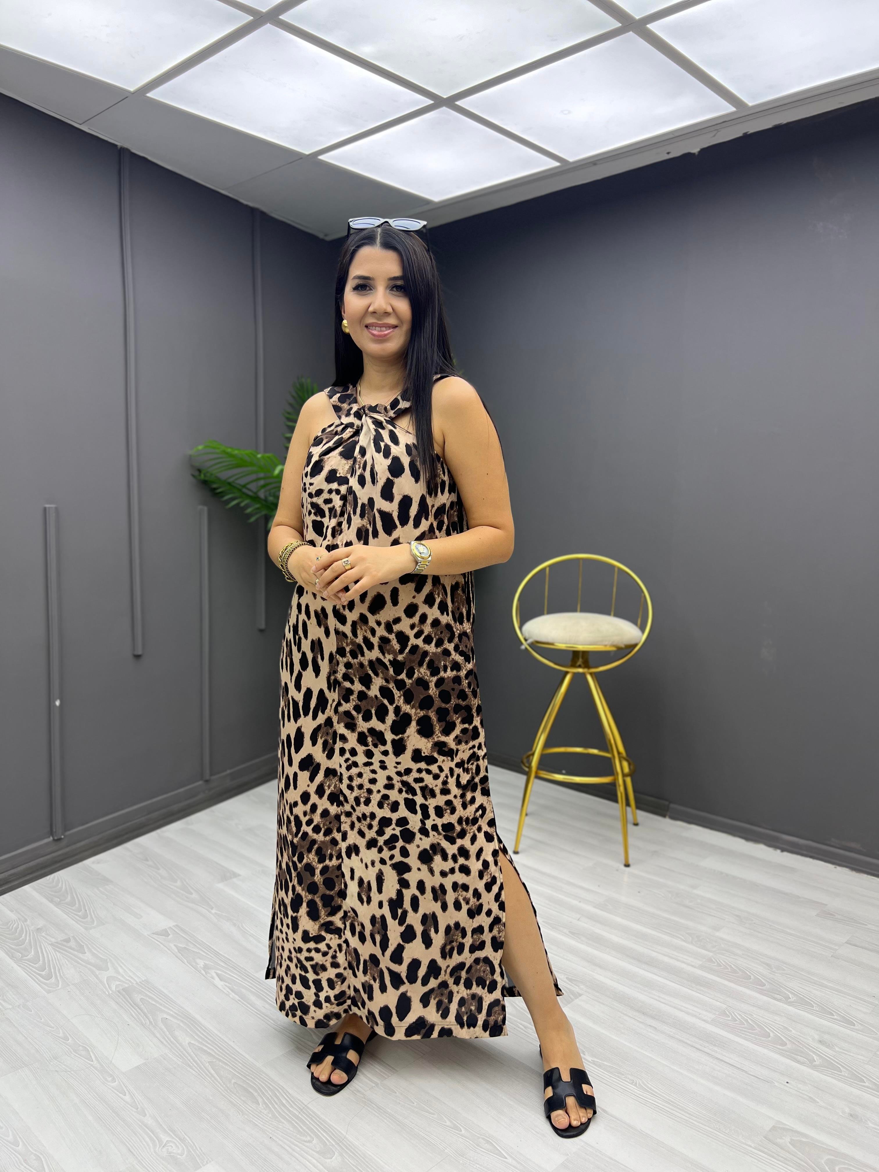 Leopar Desenli Uzun Elbise