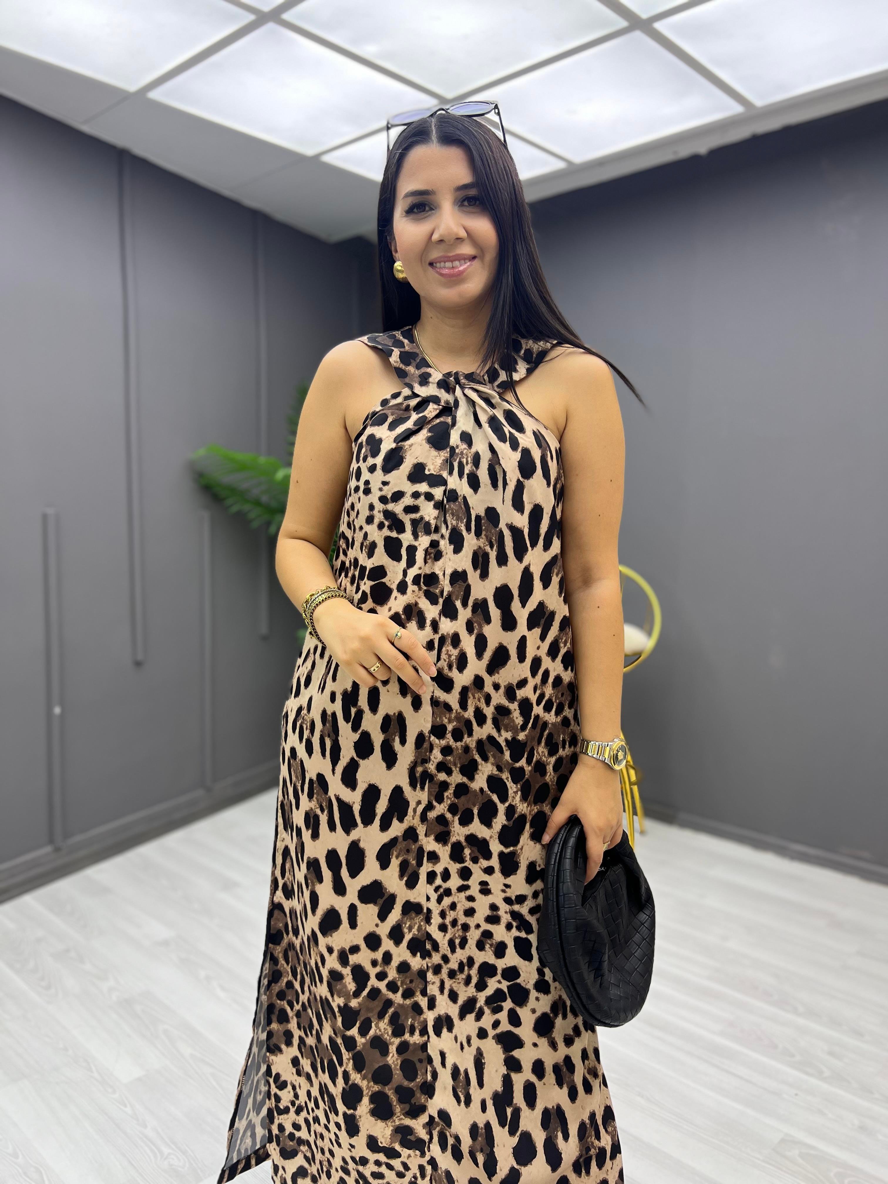 Leopar Desenli Uzun Elbise