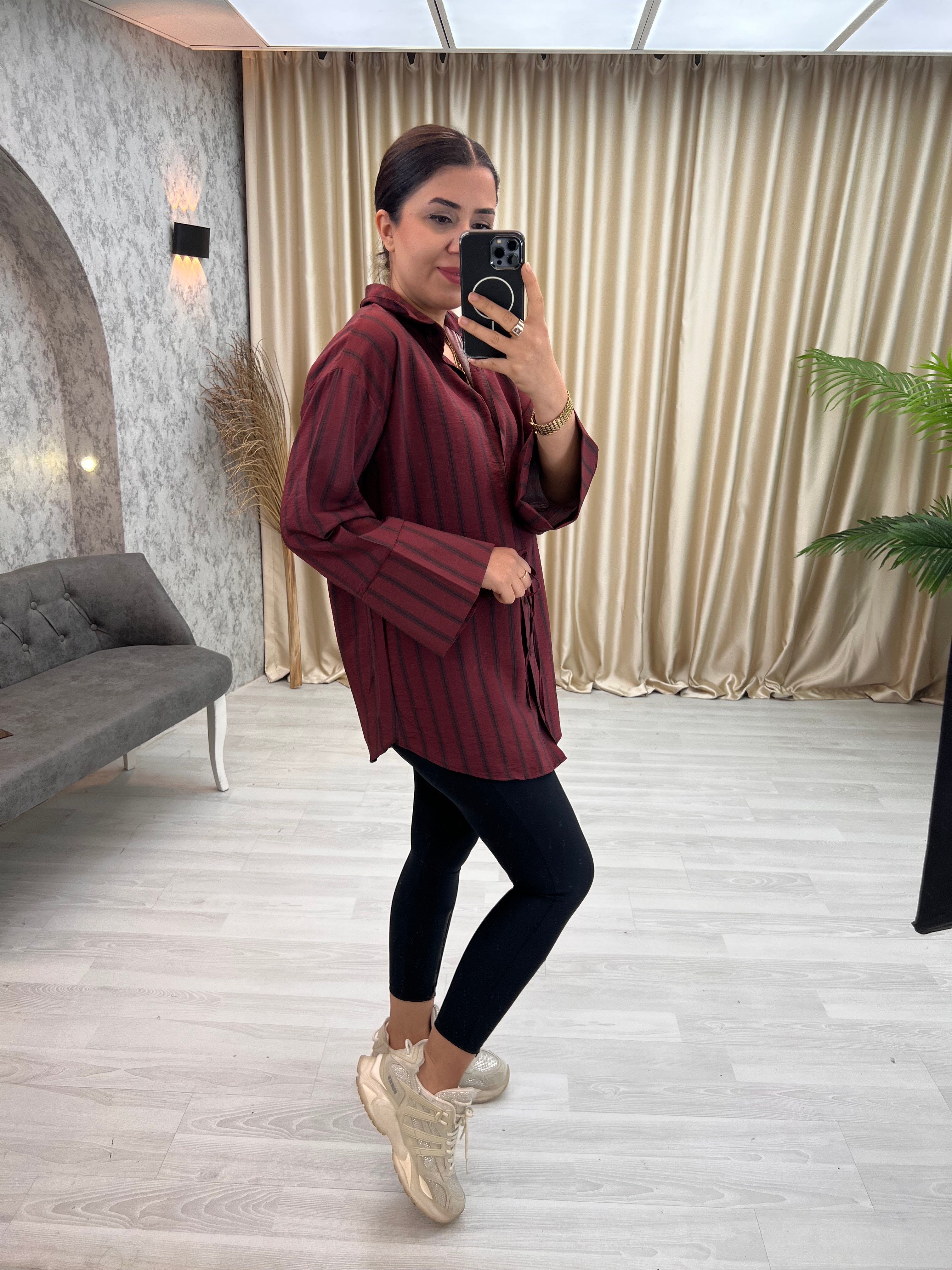 Lilyum Çizgili Gömlek Bordo