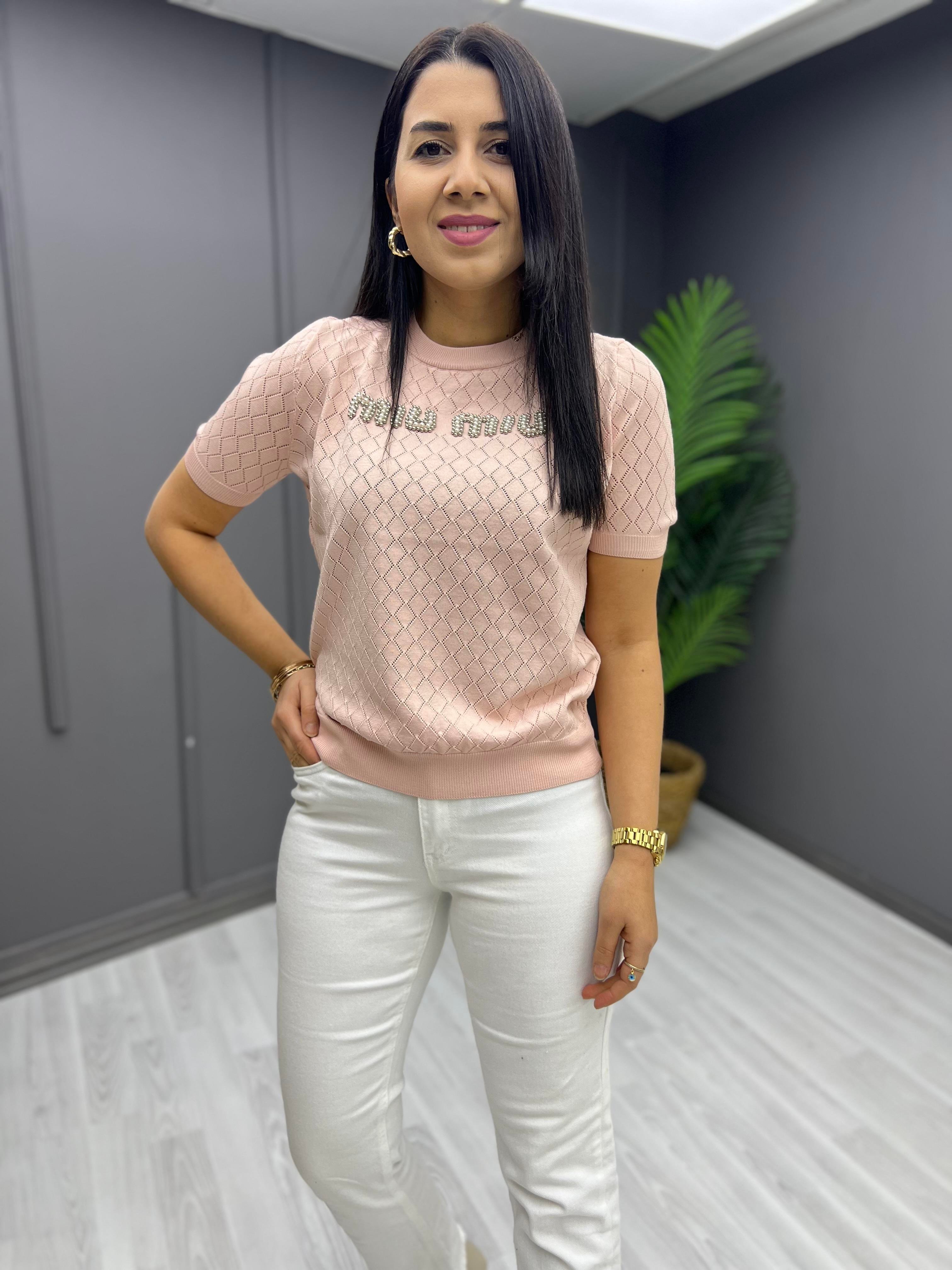 Marka Model Taşlı Triko Bluz Pudra