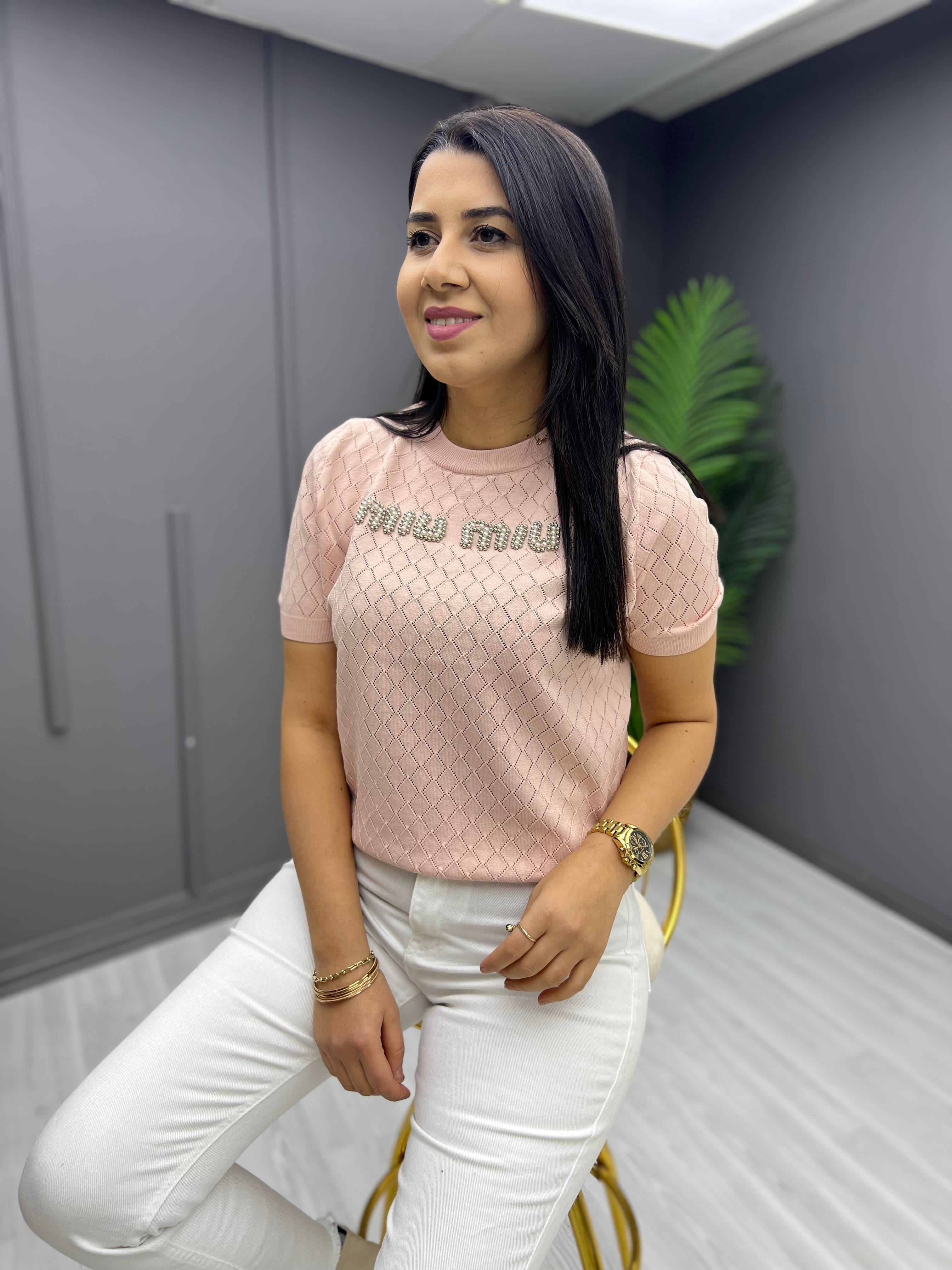 Marka Model Taşlı Triko Bluz Pudra