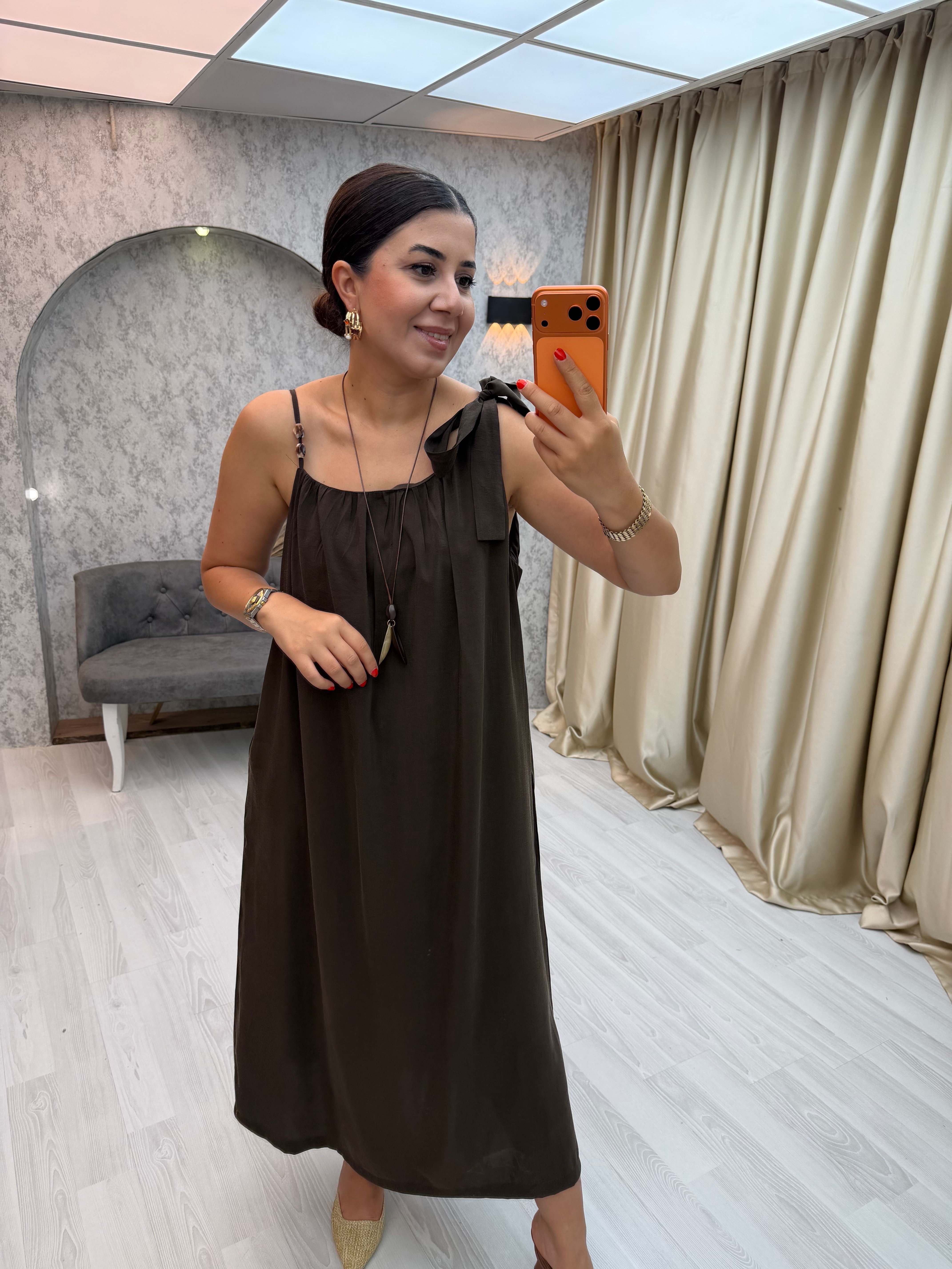 Modal Askılı Elbise Kahverengi