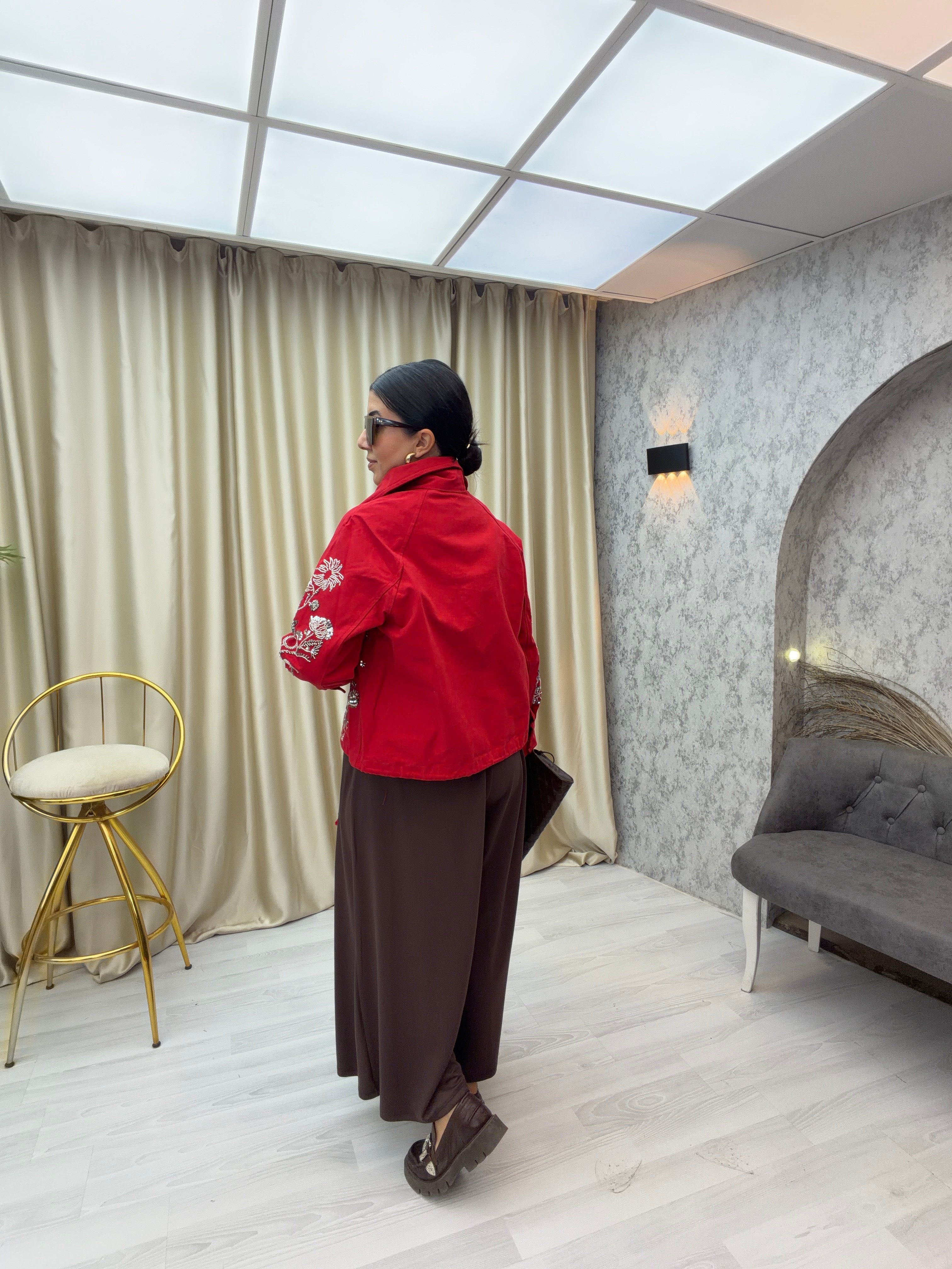 Nakışlı İşlemeli Mont Kırmızı
