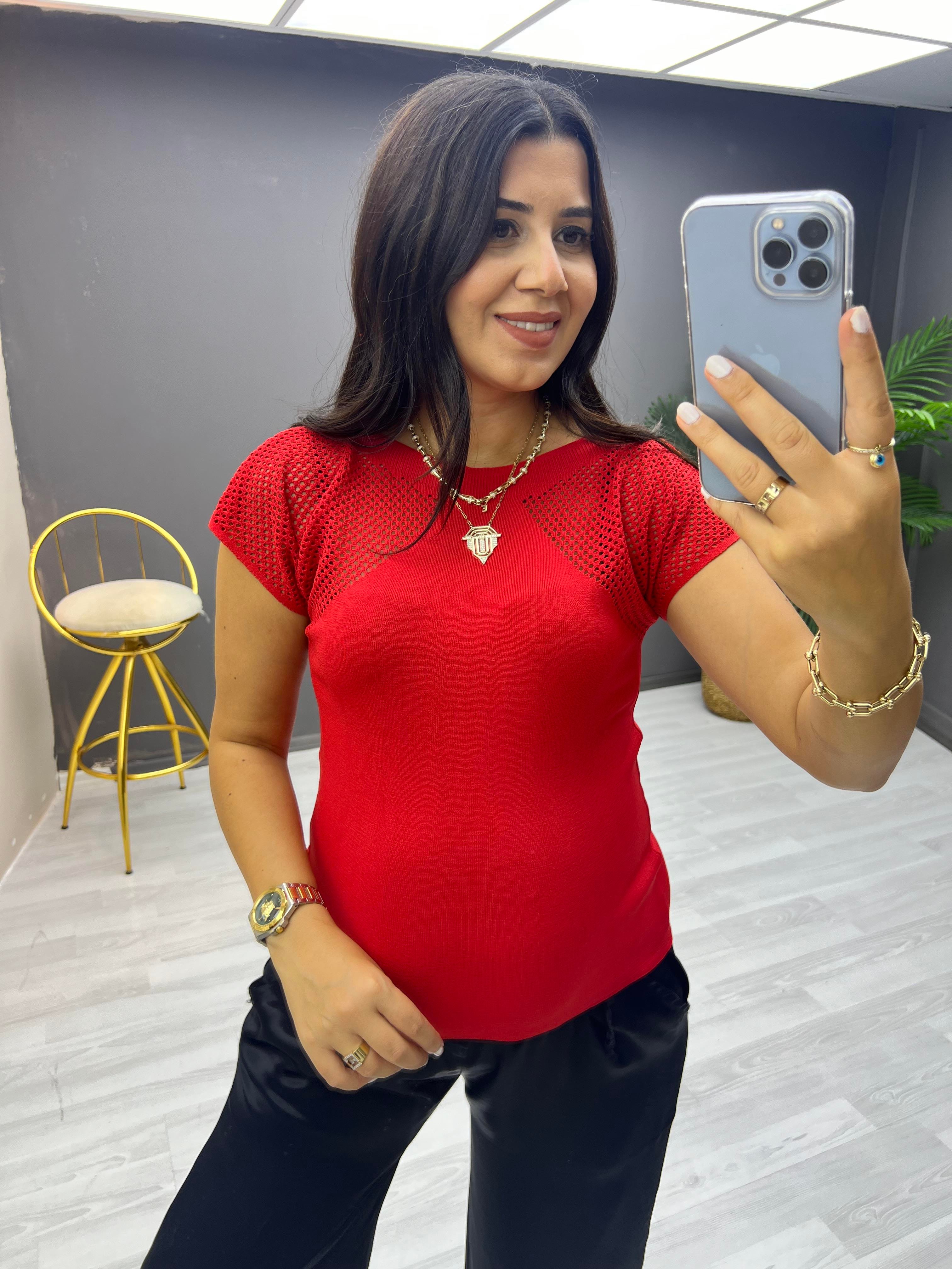 Omuzlar Delikli Triko Bluz Kırmızı