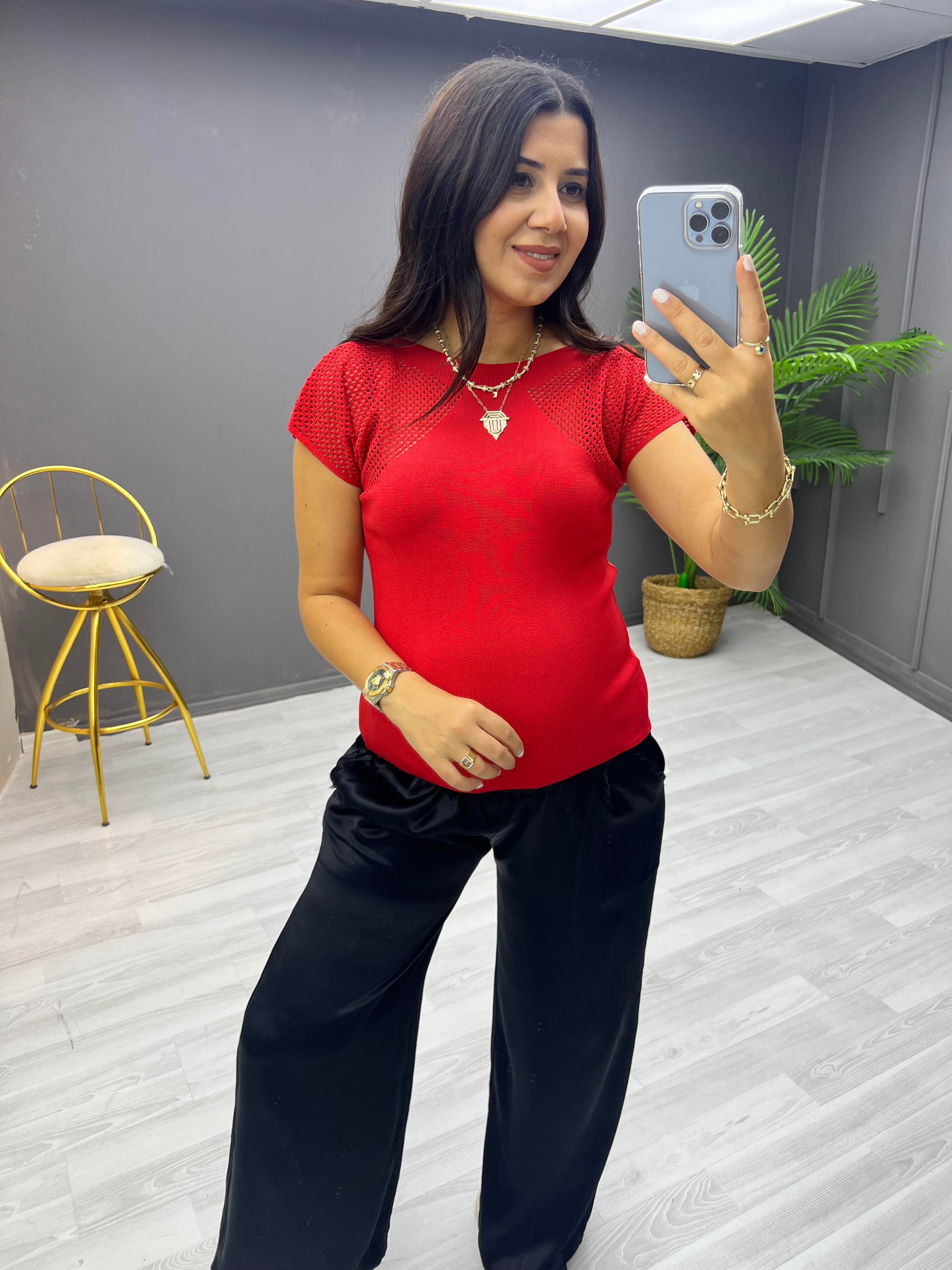 Omuzlar Delikli Triko Bluz Kırmızı