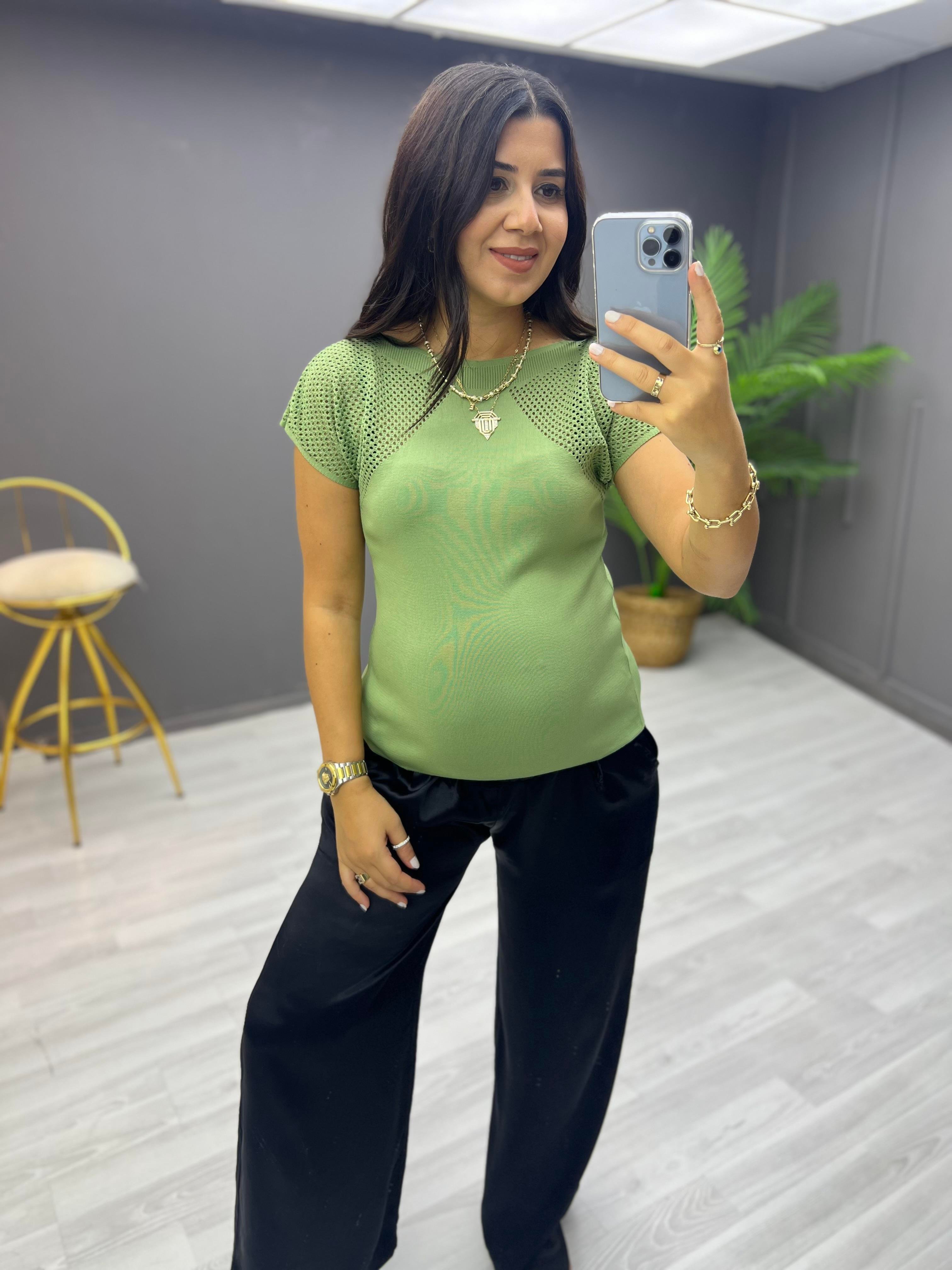 Omuzlar Delikli Triko Bluz Mint Yeşili