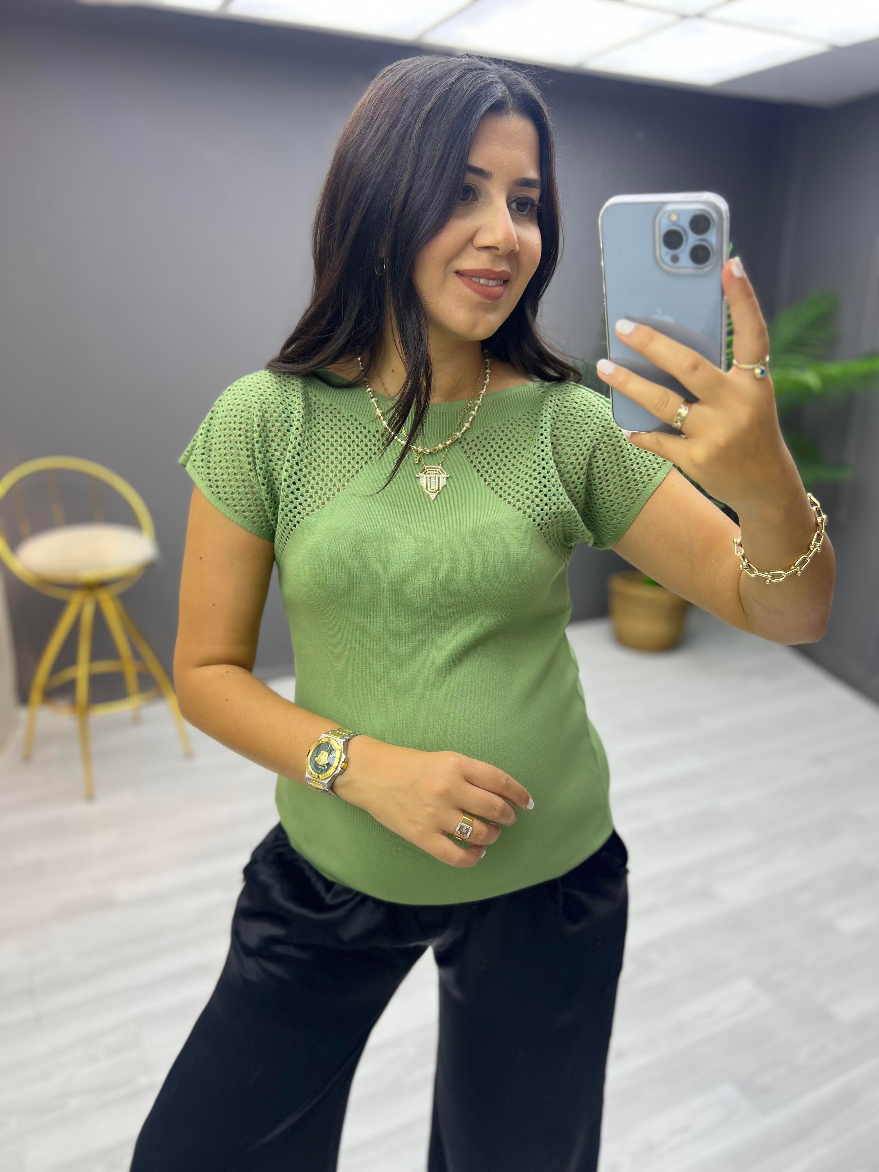 Omuzlar Delikli Triko Bluz Mint Yeşili