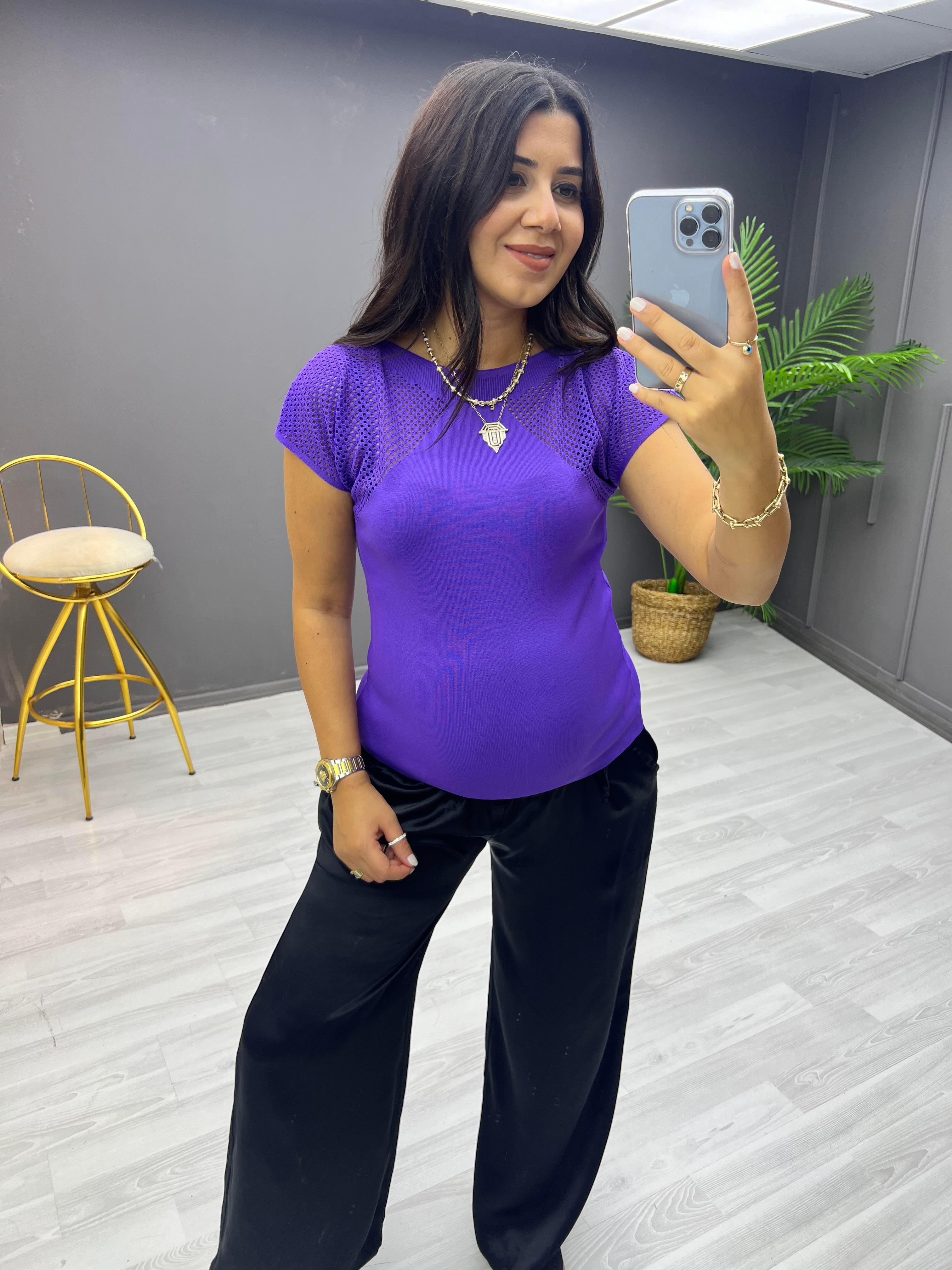 Omuzlar Delikli Triko Bluz Mor