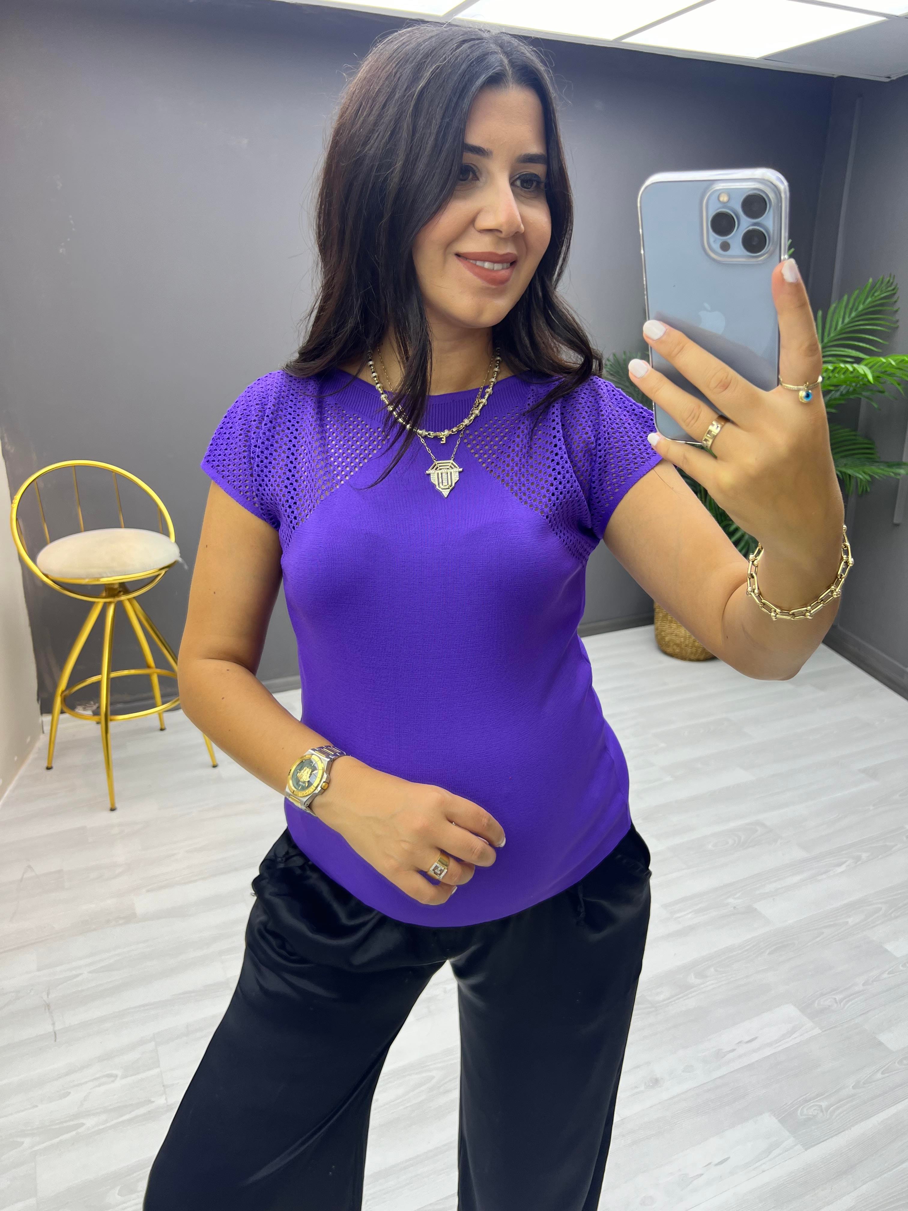 Omuzlar Delikli Triko Bluz Mor