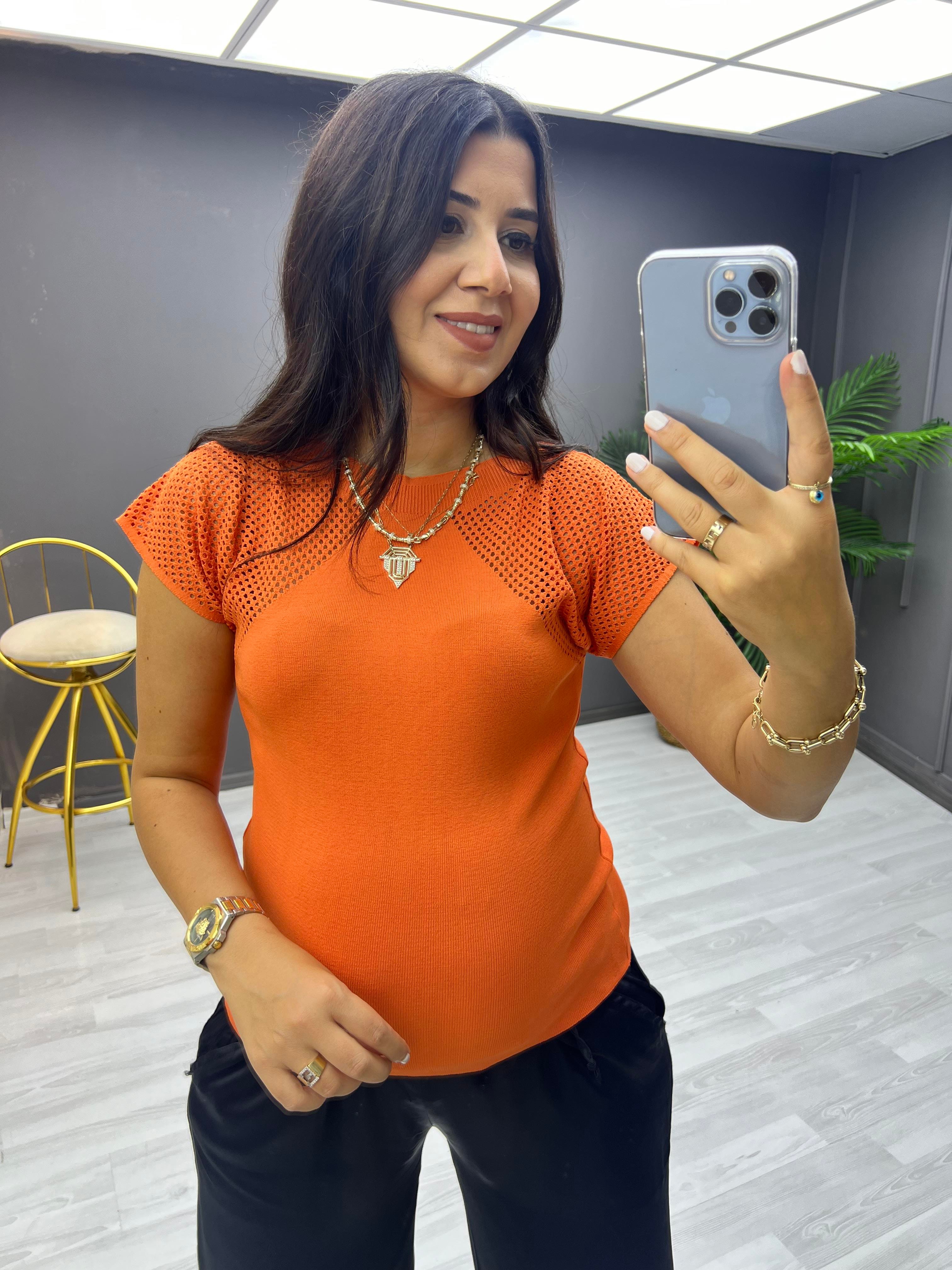 Omuzlar Delikli Triko Bluz Oranj