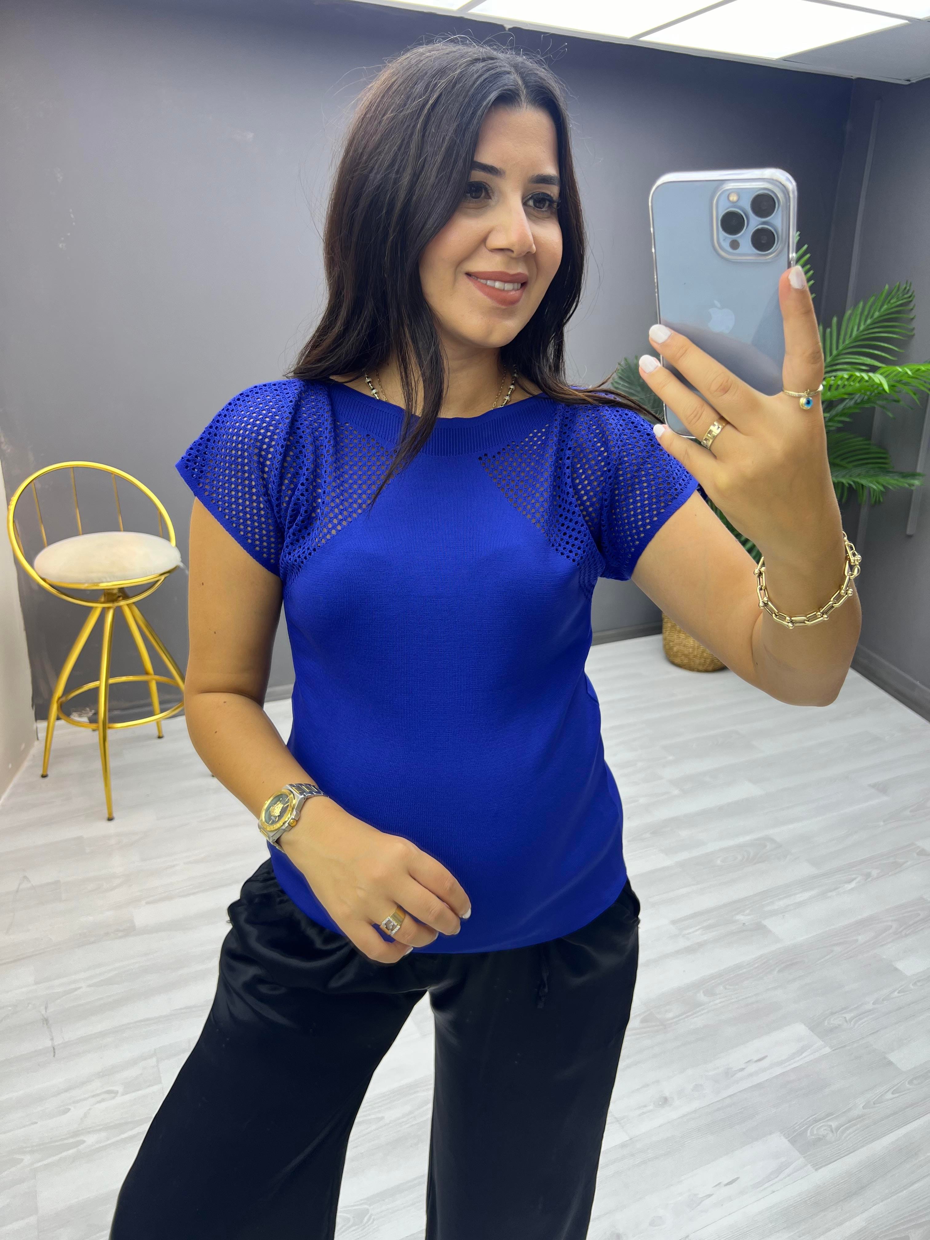 Omuzlar Delikli Triko Bluz Saks