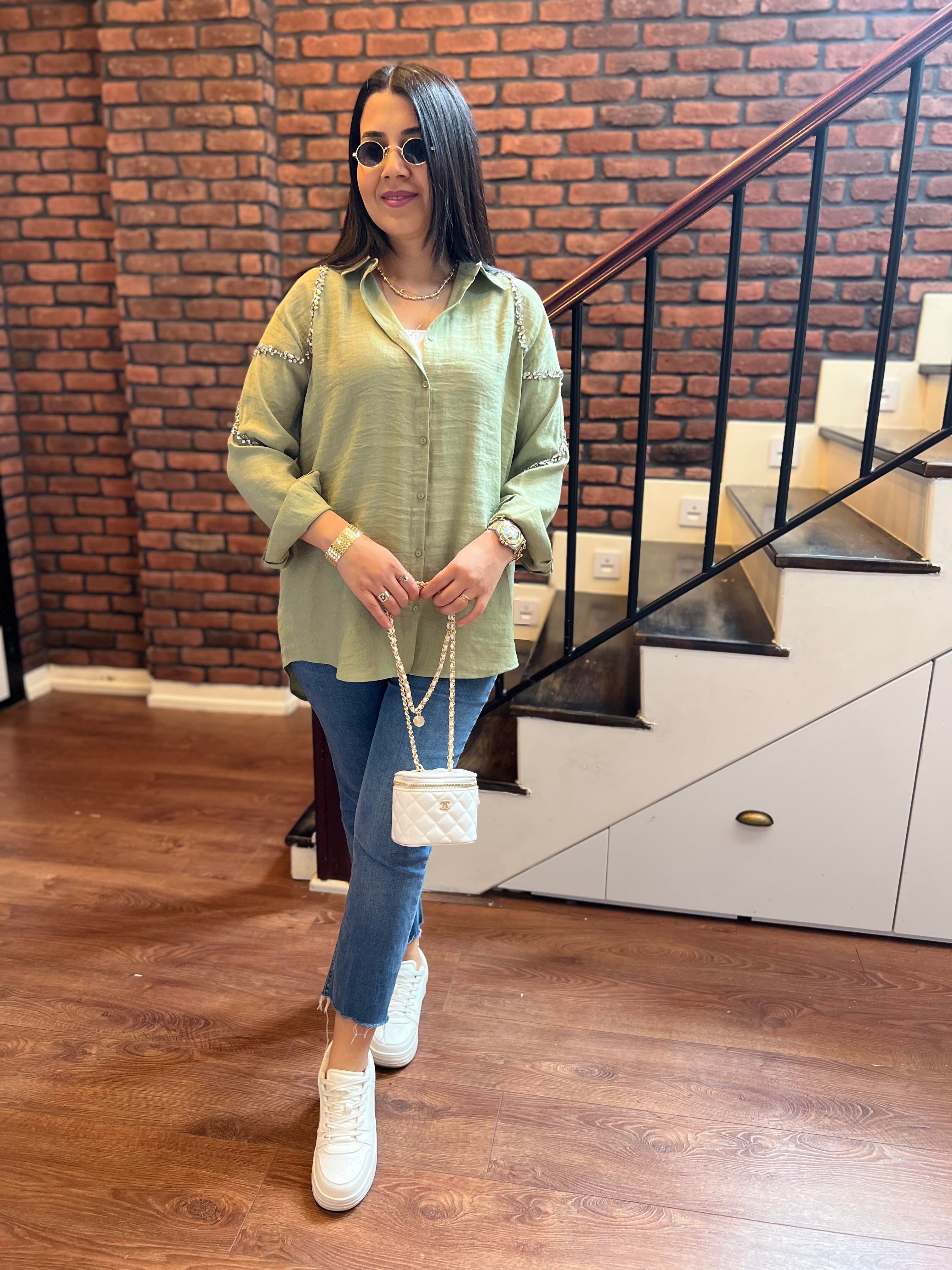 Omuzları Taş Detay Ayrobin Gömlek Mint Yeşili