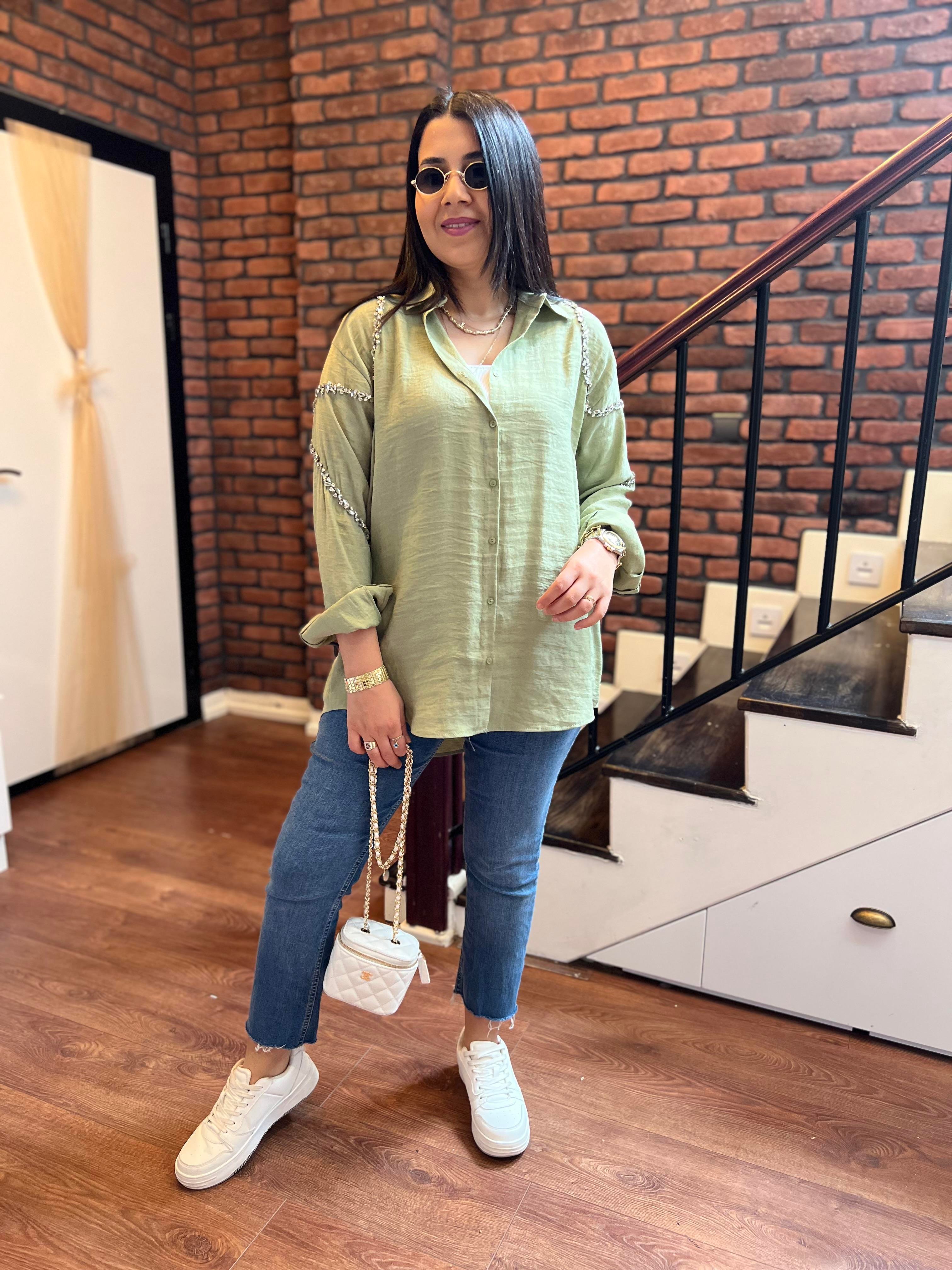 Omuzları Taş Detay Ayrobin Gömlek Mint Yeşili