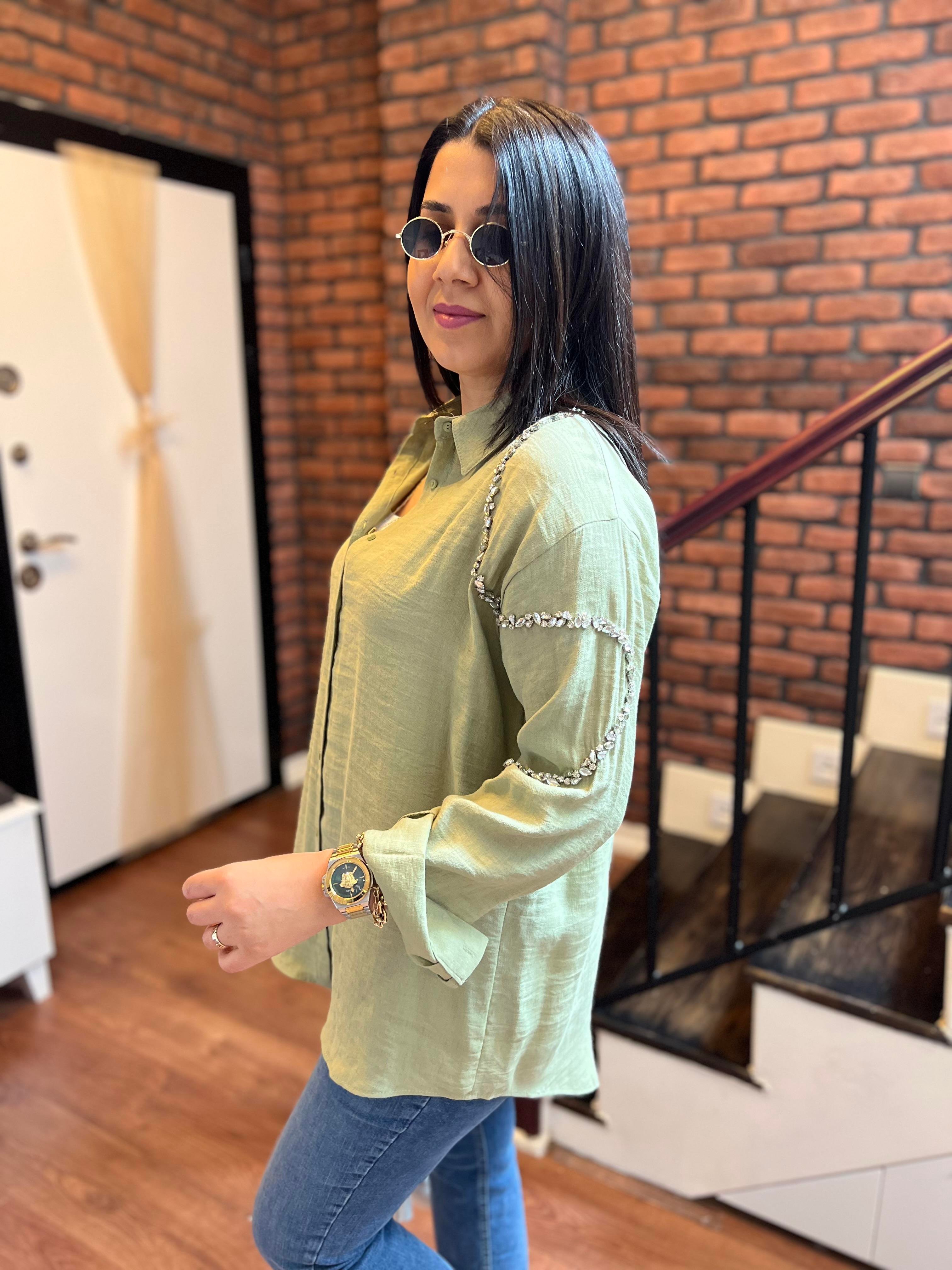 Omuzları Taş Detay Ayrobin Gömlek Mint Yeşili