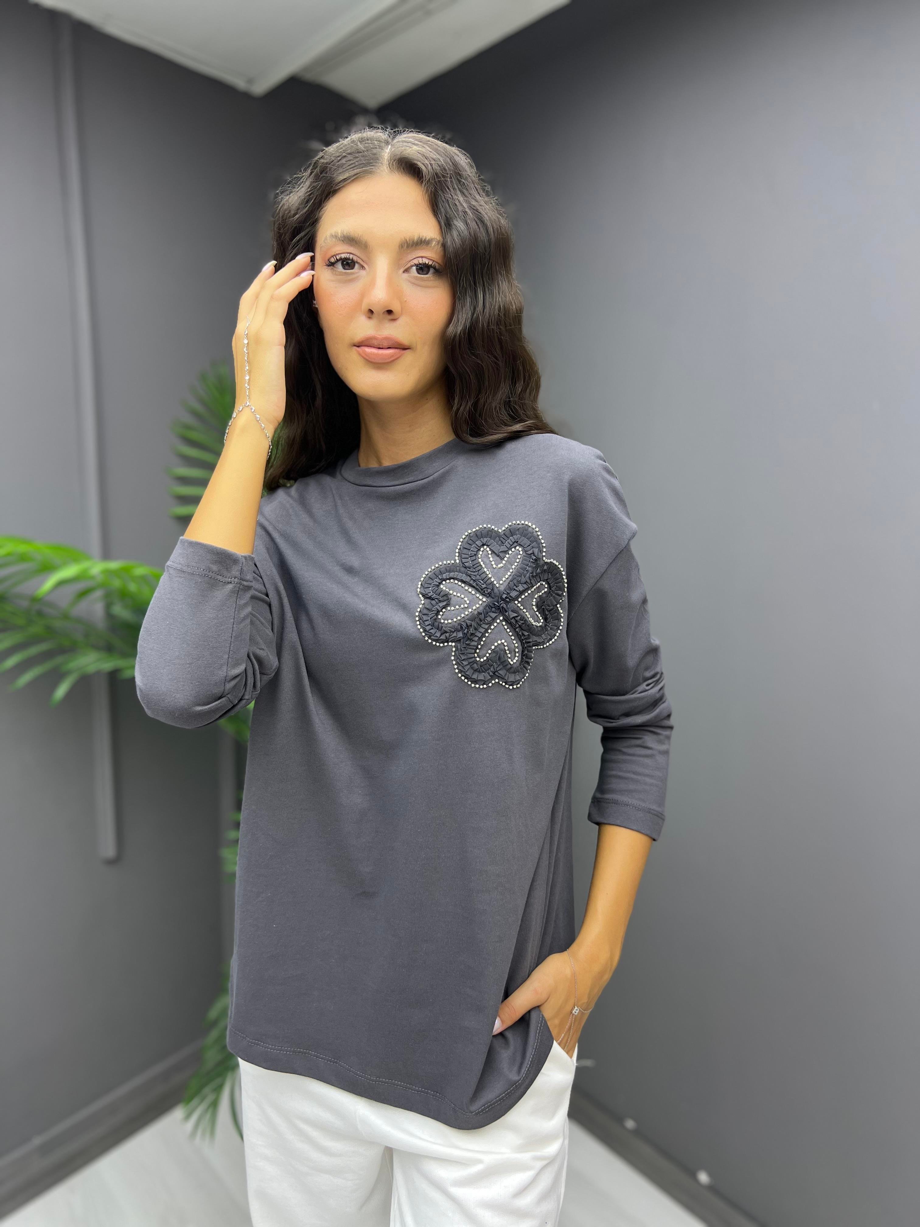 Omzu Çiçek işleme Sweat Antrasit