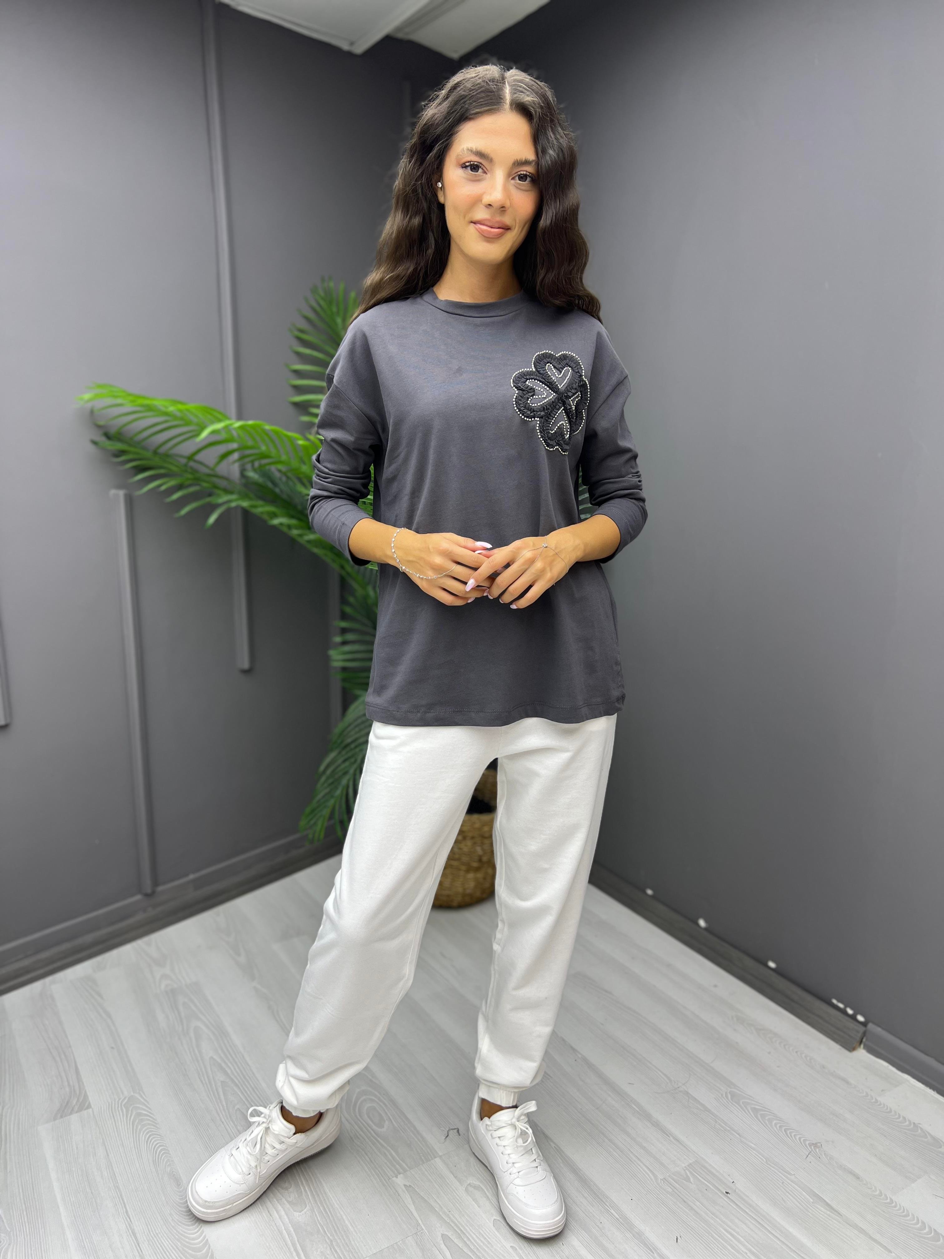 Omzu Çiçek işleme Sweat Antrasit