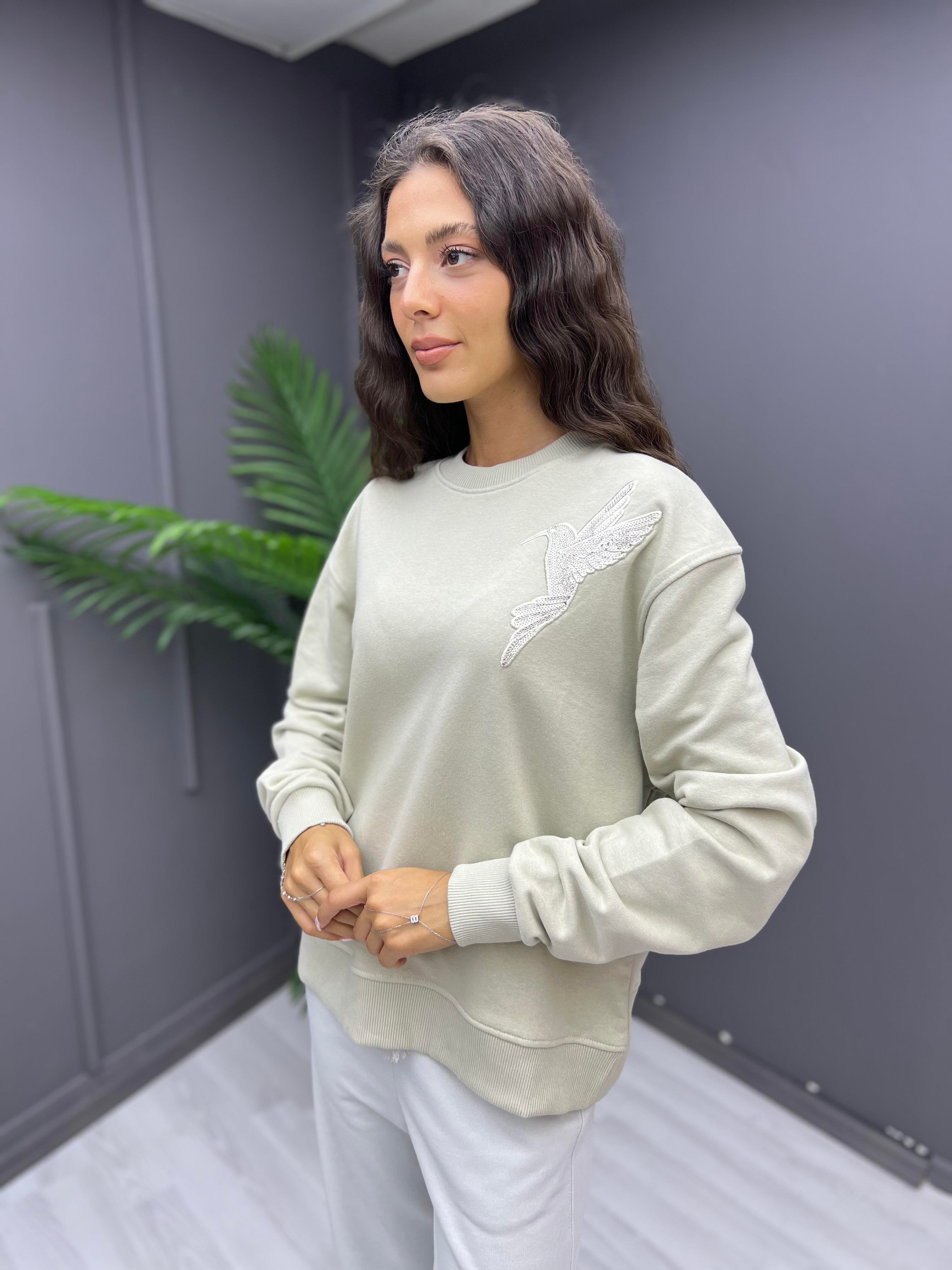 Omzu Kuş İşleme Sweat Küfyeşili