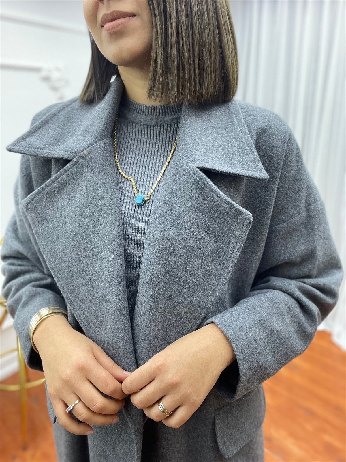 Oversize Düğmeli Kaşe Kaban Antrasit