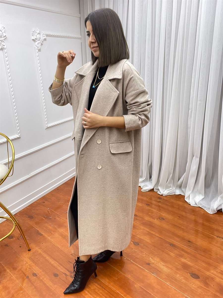 Oversize Düğmeli Kaşe Kaban Taş