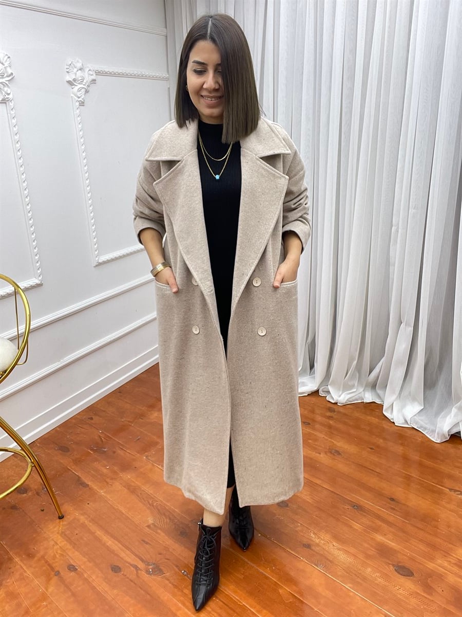 Oversize Düğmeli Kaşe Kaban Taş