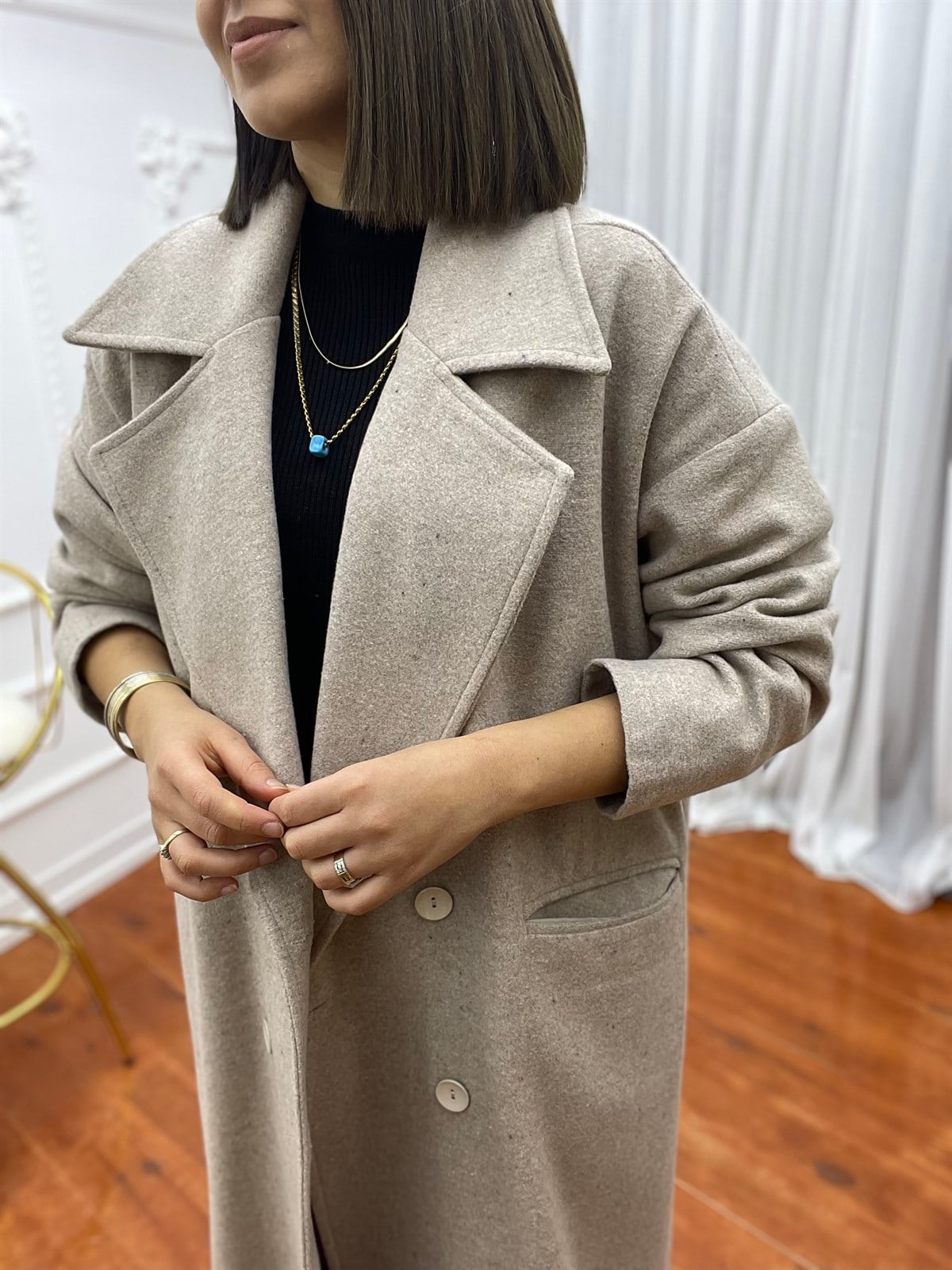 Oversize Düğmeli Kaşe Kaban Taş