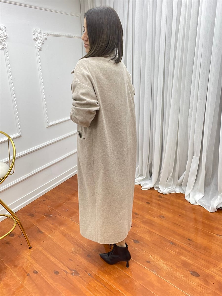 Oversize Düğmeli Kaşe Kaban Taş
