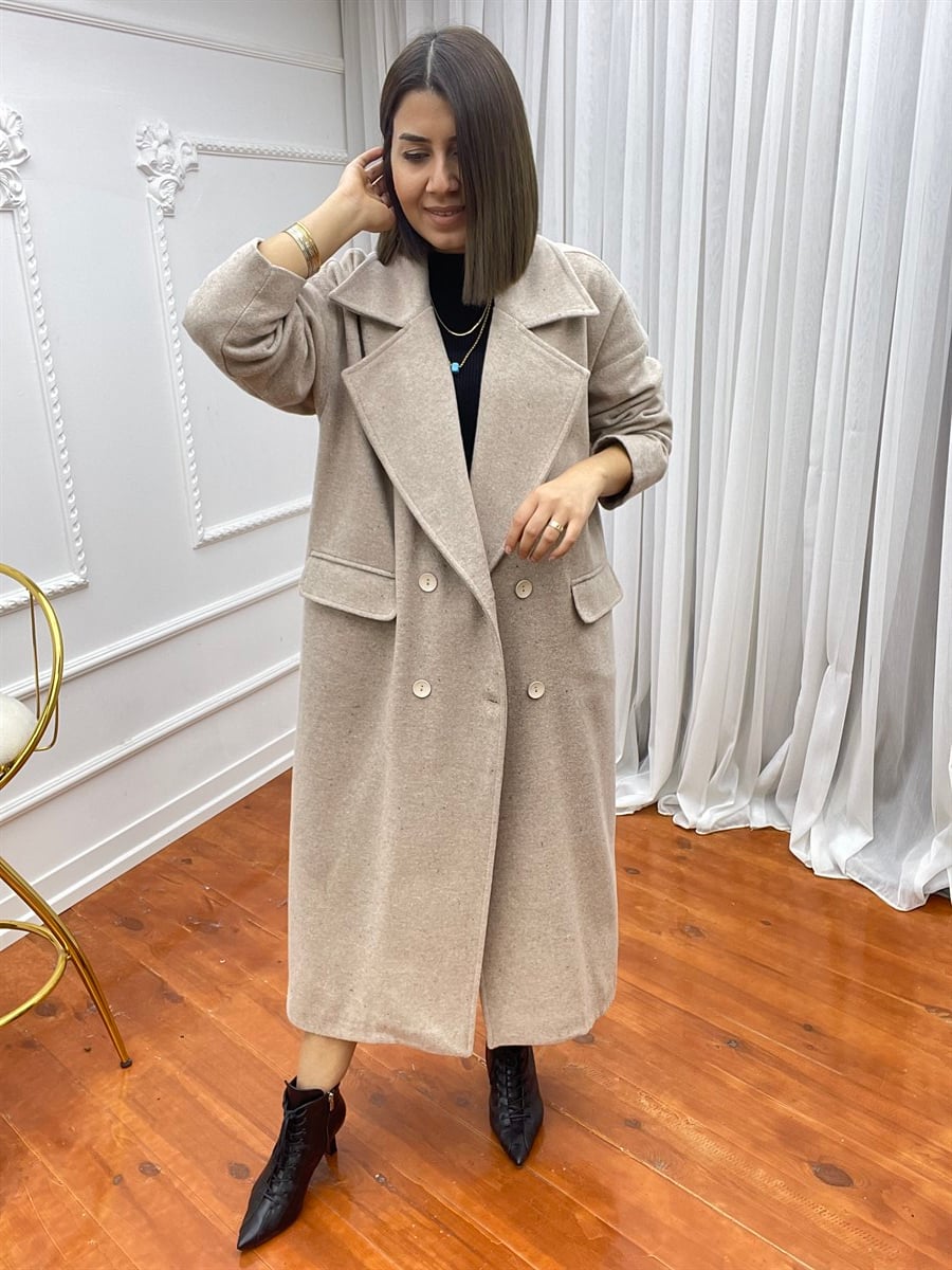 Oversize Düğmeli Kaşe Kaban Taş