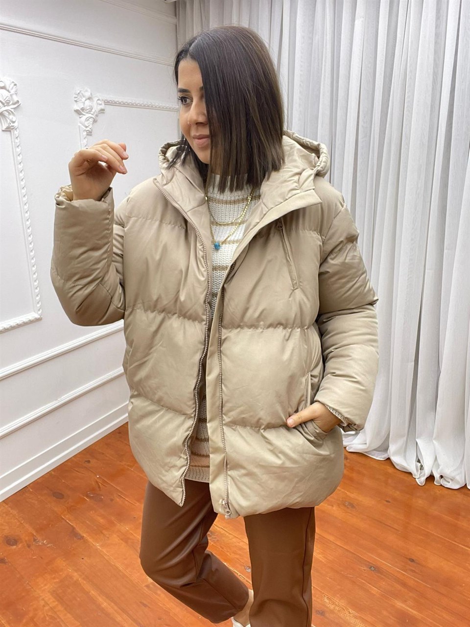 Oversize Kapişonlu Mont Bej