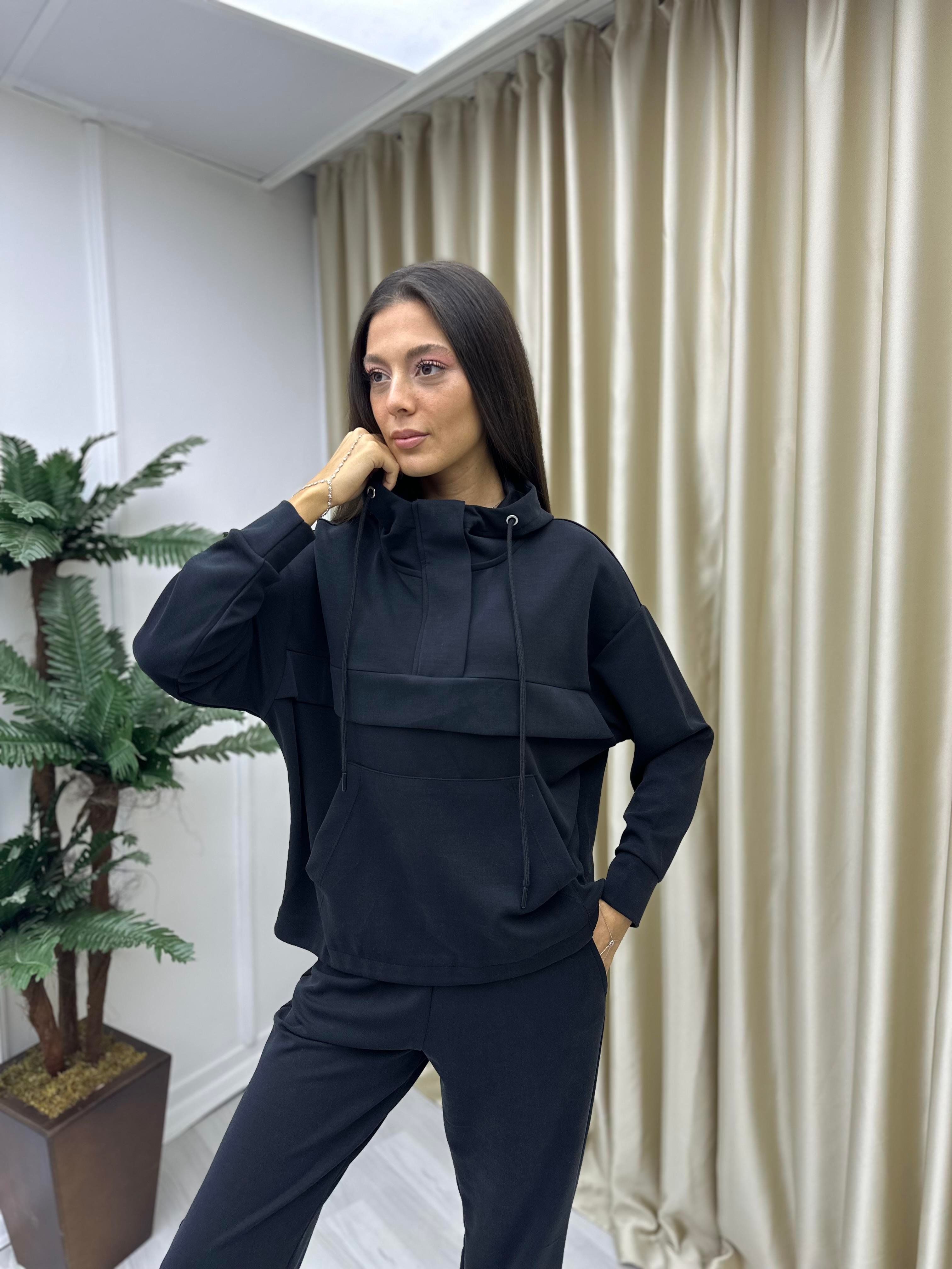 Patlı Kapişonlu Modal Eşofman Takımı Siyah