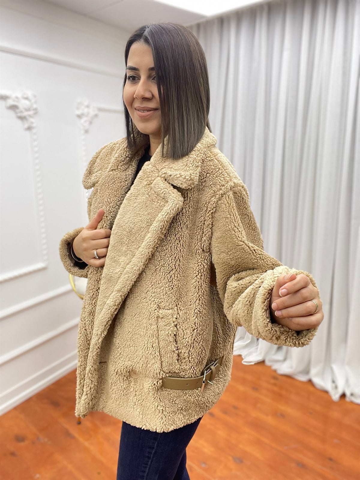 Peluş Kısa Mont Camel