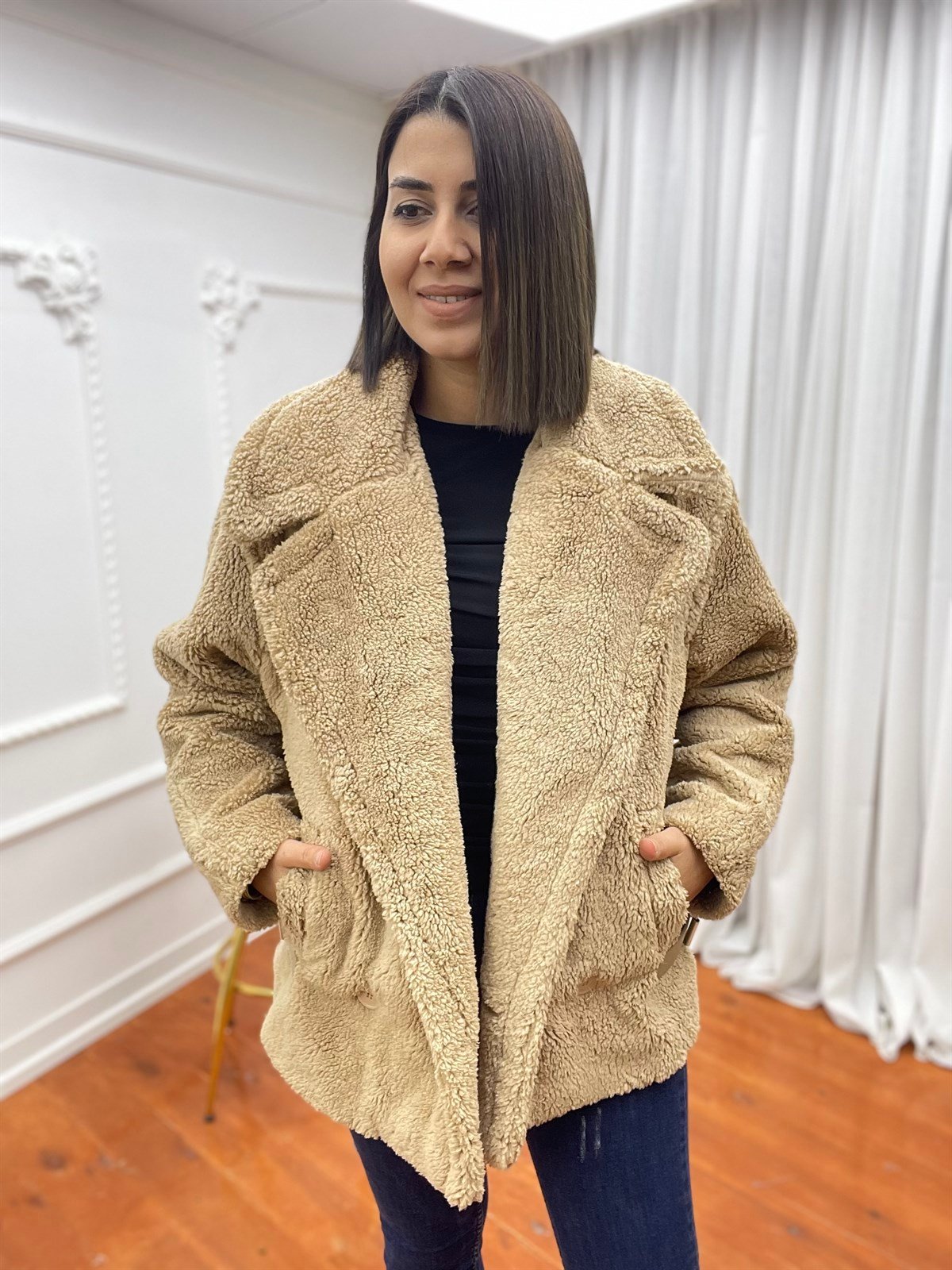 Peluş Kısa Mont Camel