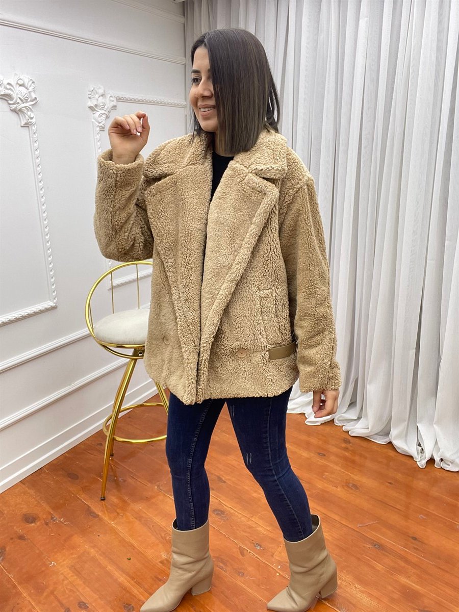Peluş Kısa Mont Camel