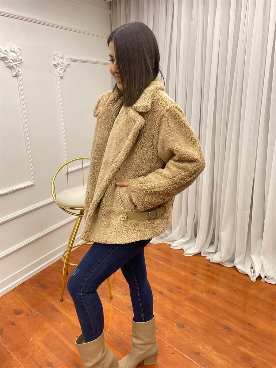Peluş Kısa Mont Camel