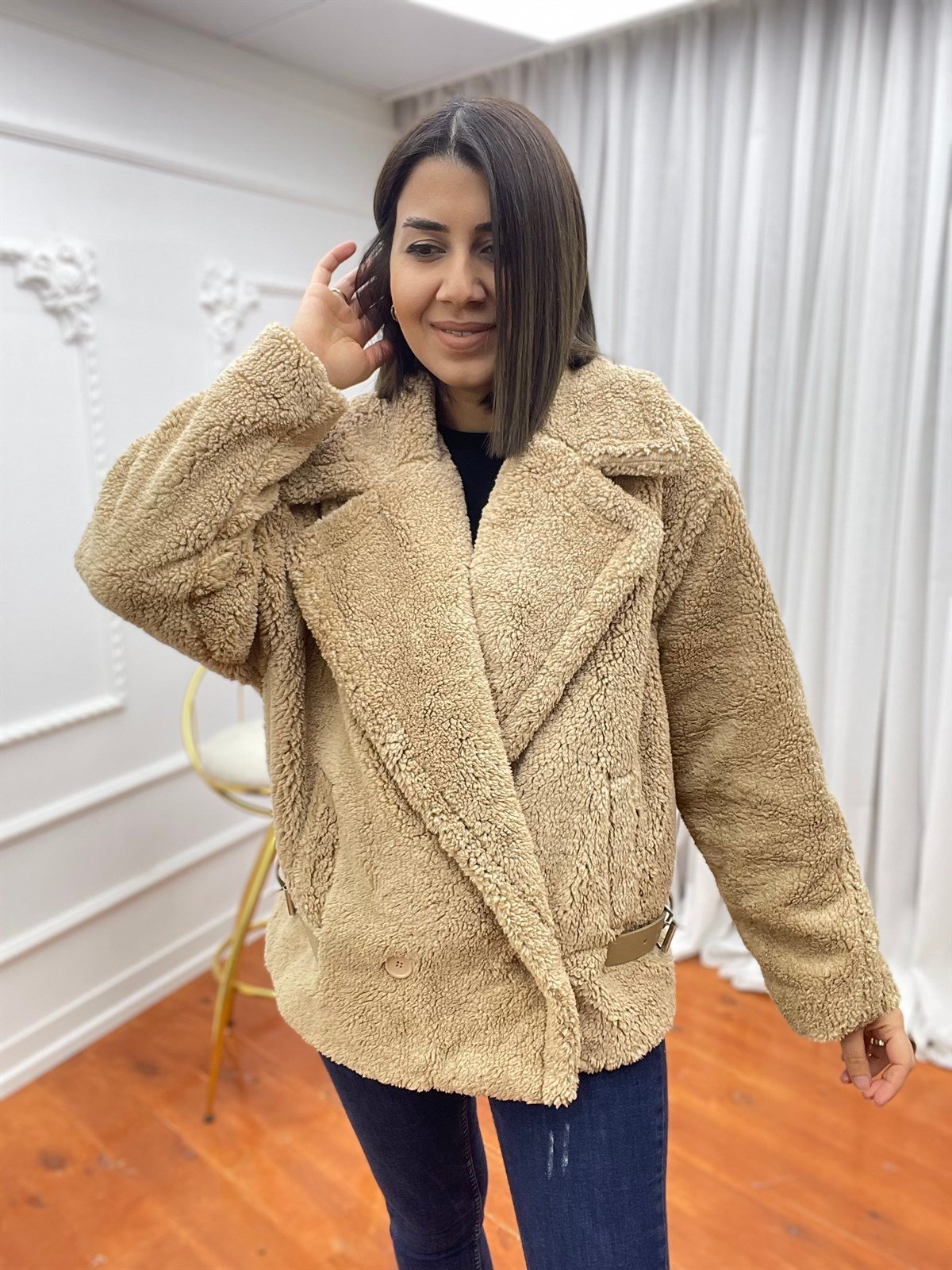 Peluş Kısa Mont Camel