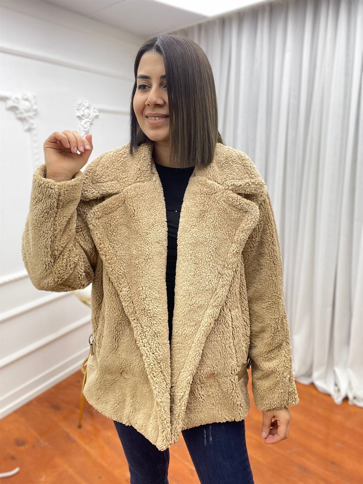 Peluş Kısa Mont Camel
