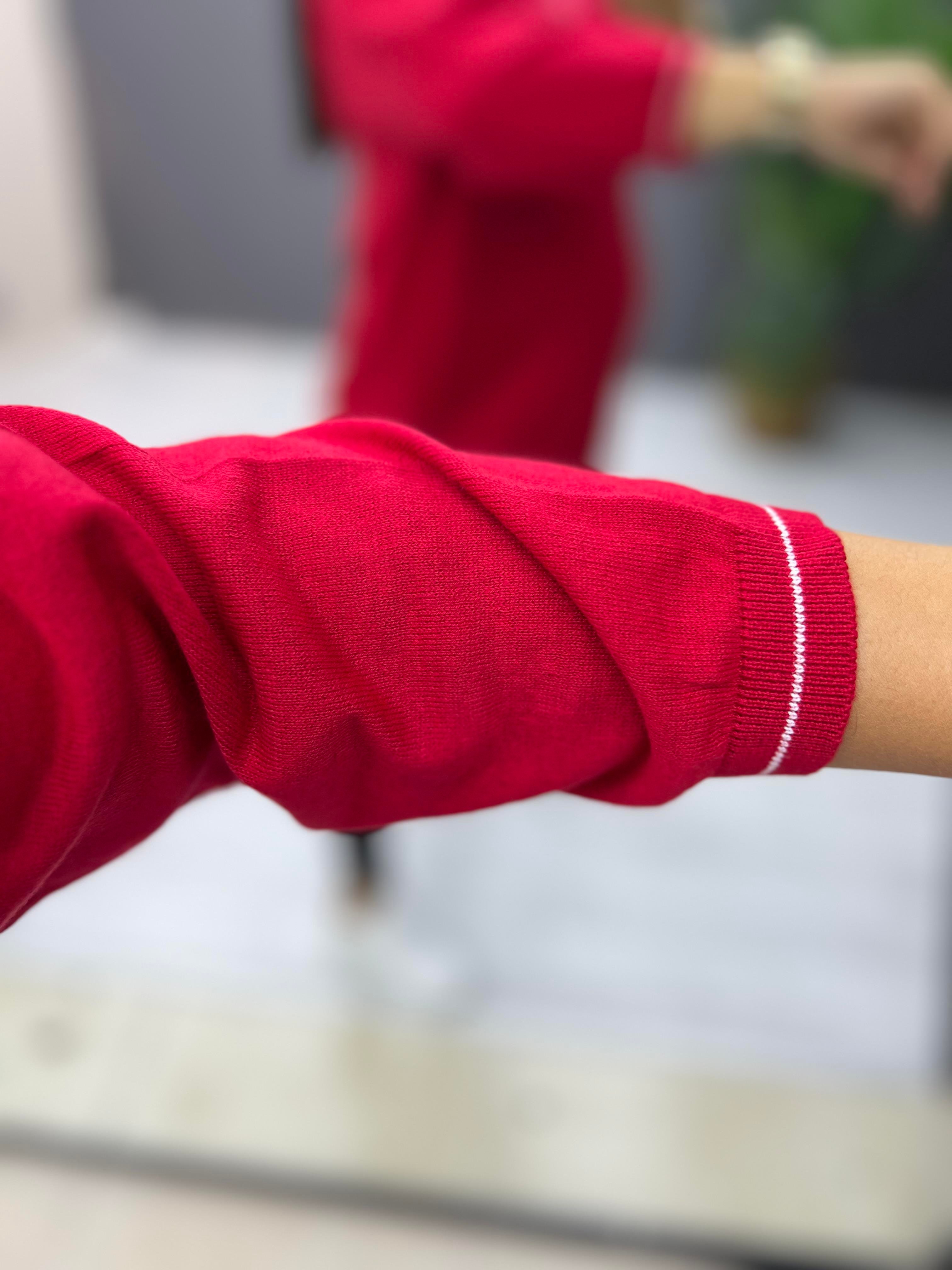 Polo Yaka Biyeli Pamuk Triko Bluz Kırmızı