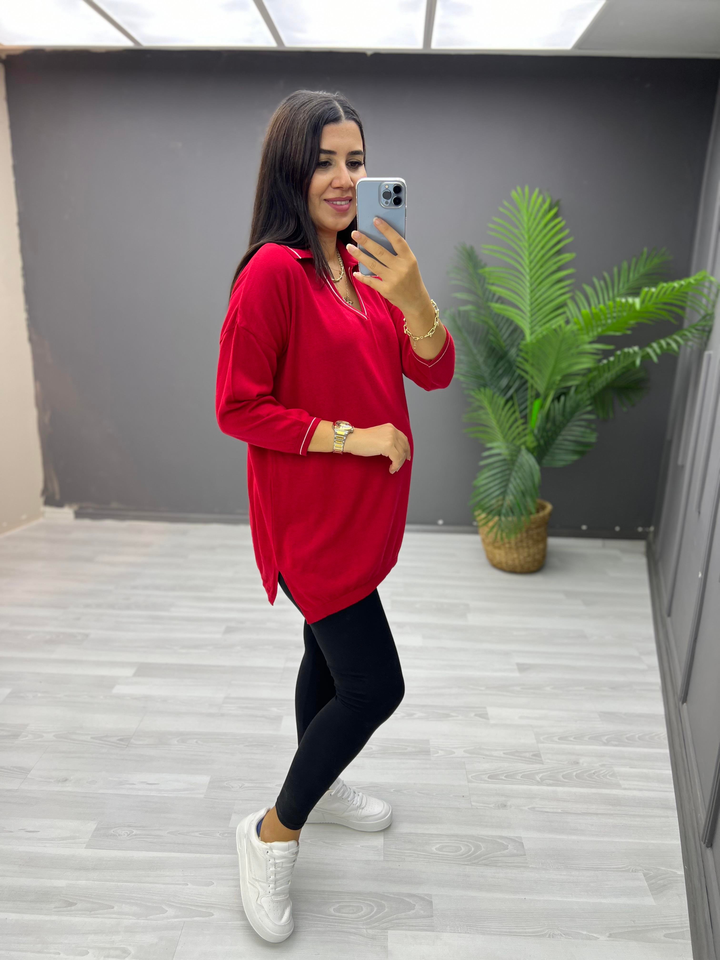 Polo Yaka Biyeli Pamuk Triko Bluz Kırmızı