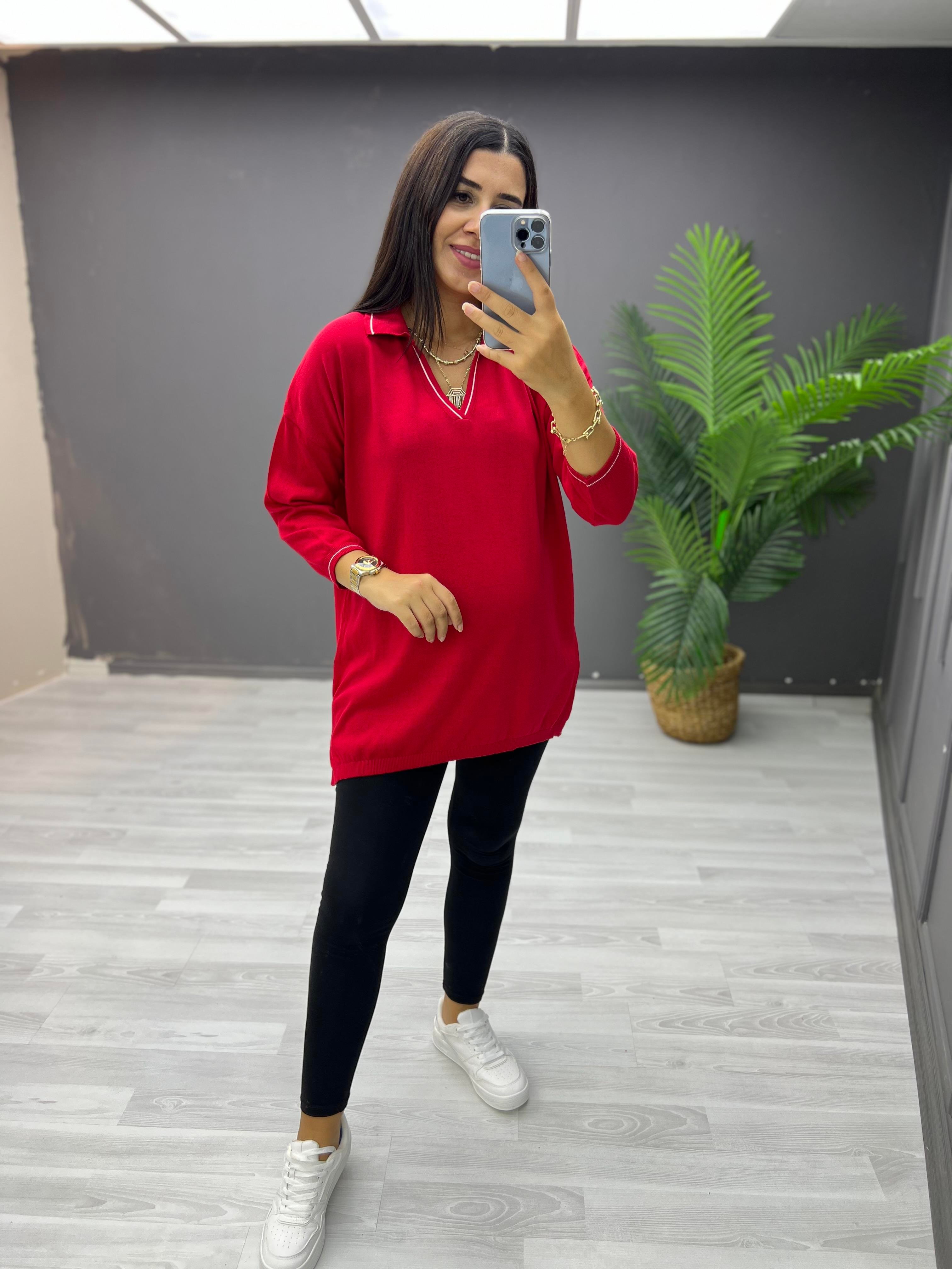 Polo Yaka Biyeli Pamuk Triko Bluz Kırmızı