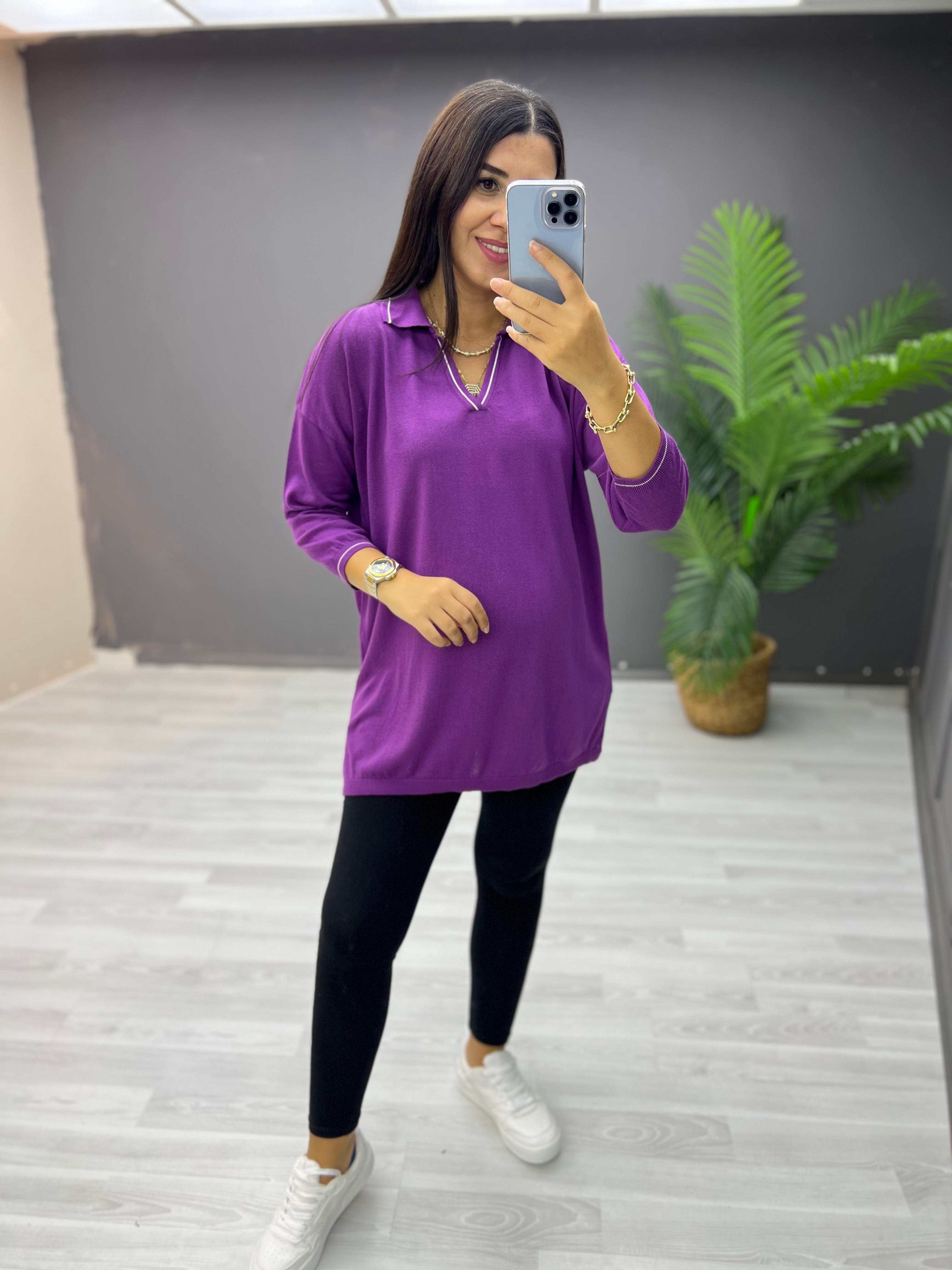 Polo Yaka Biyeli Pamuk Triko Bluz Mürdüm