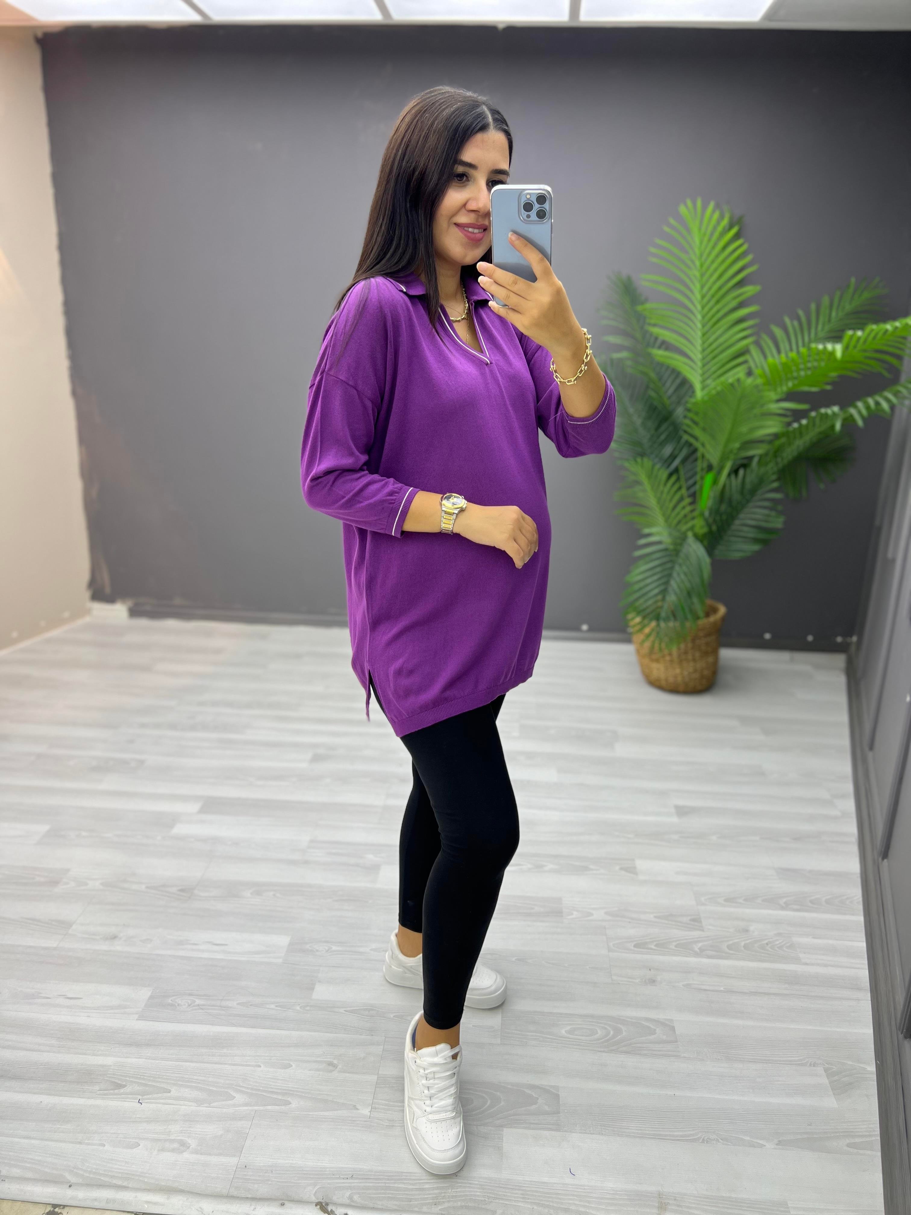 Polo Yaka Biyeli Pamuk Triko Bluz Mürdüm