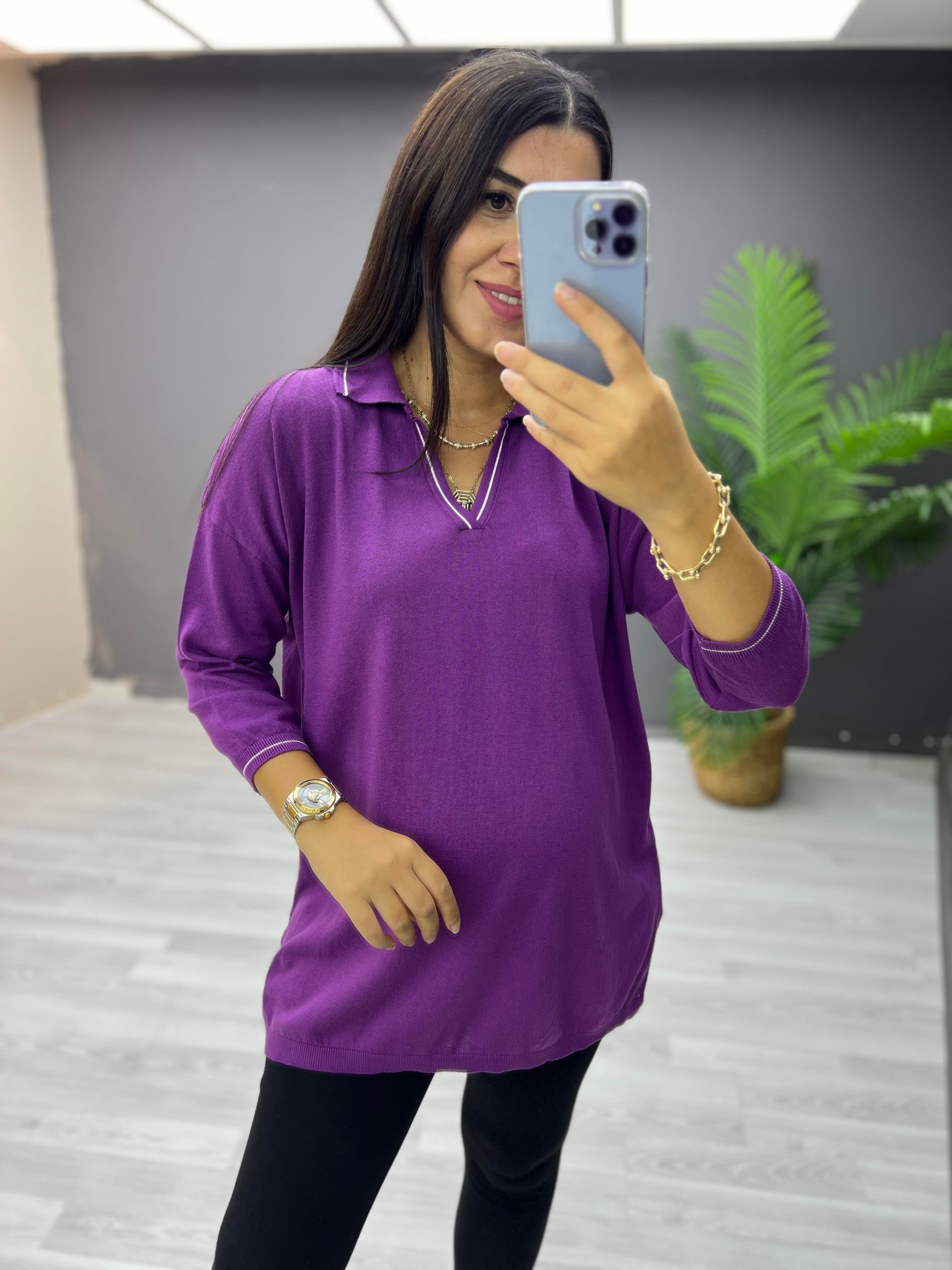 Polo Yaka Biyeli Pamuk Triko Bluz Mürdüm