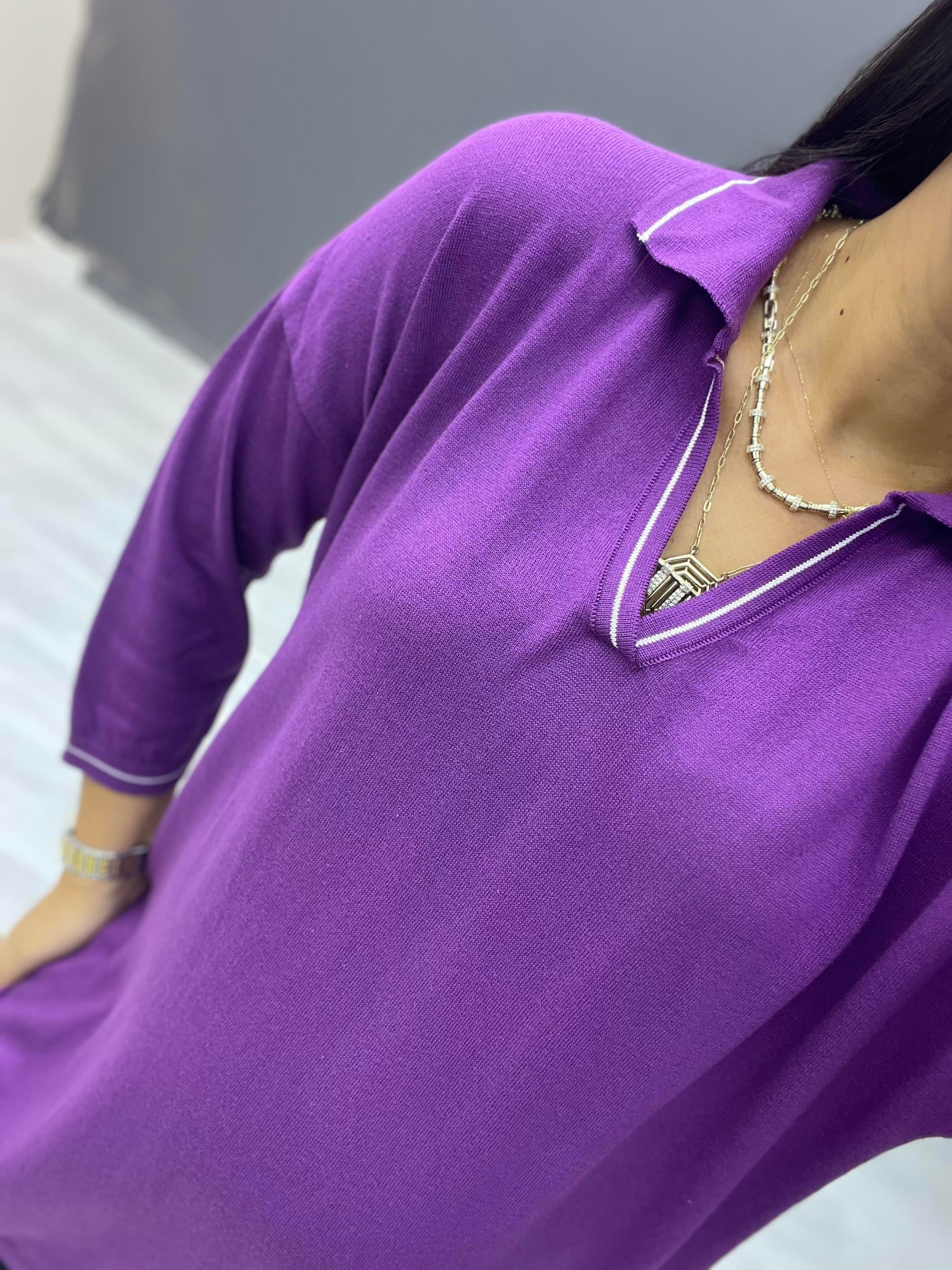 Polo Yaka Biyeli Pamuk Triko Bluz Mürdüm