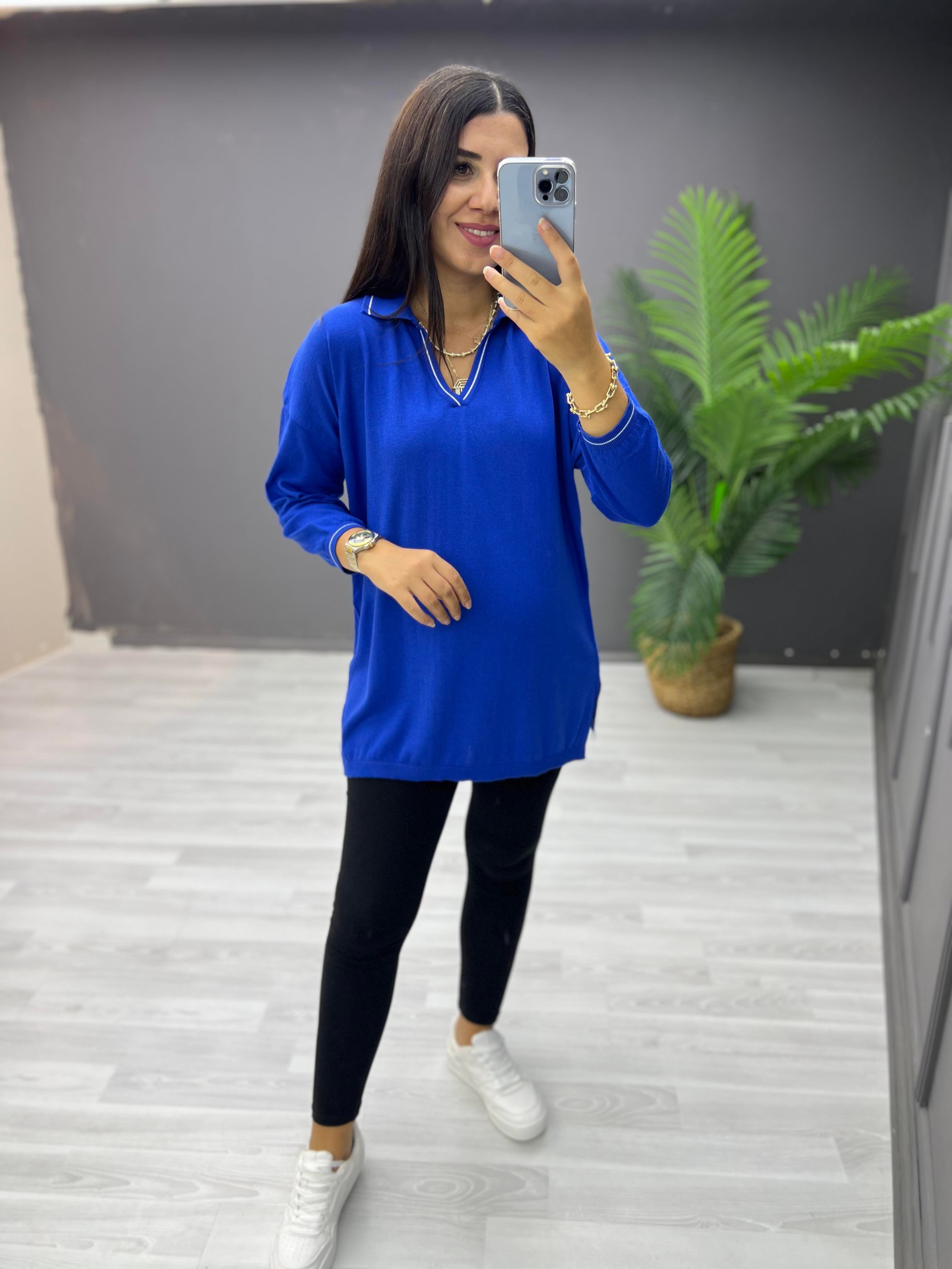 Polo Yaka Biyeli Pamuk Triko Bluz Saks