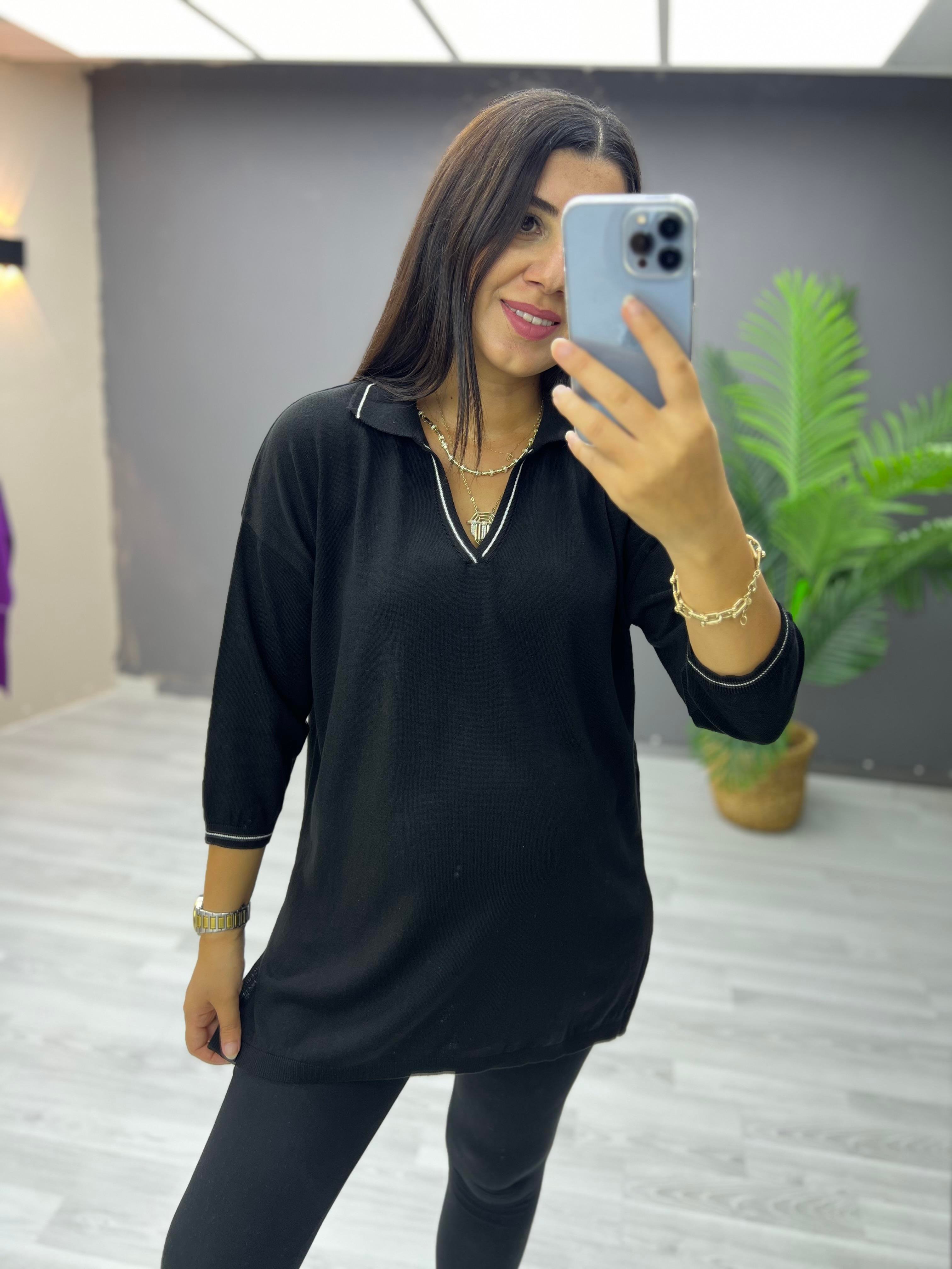 Polo Yaka Biyeli Pamuk Triko Bluz Siyah