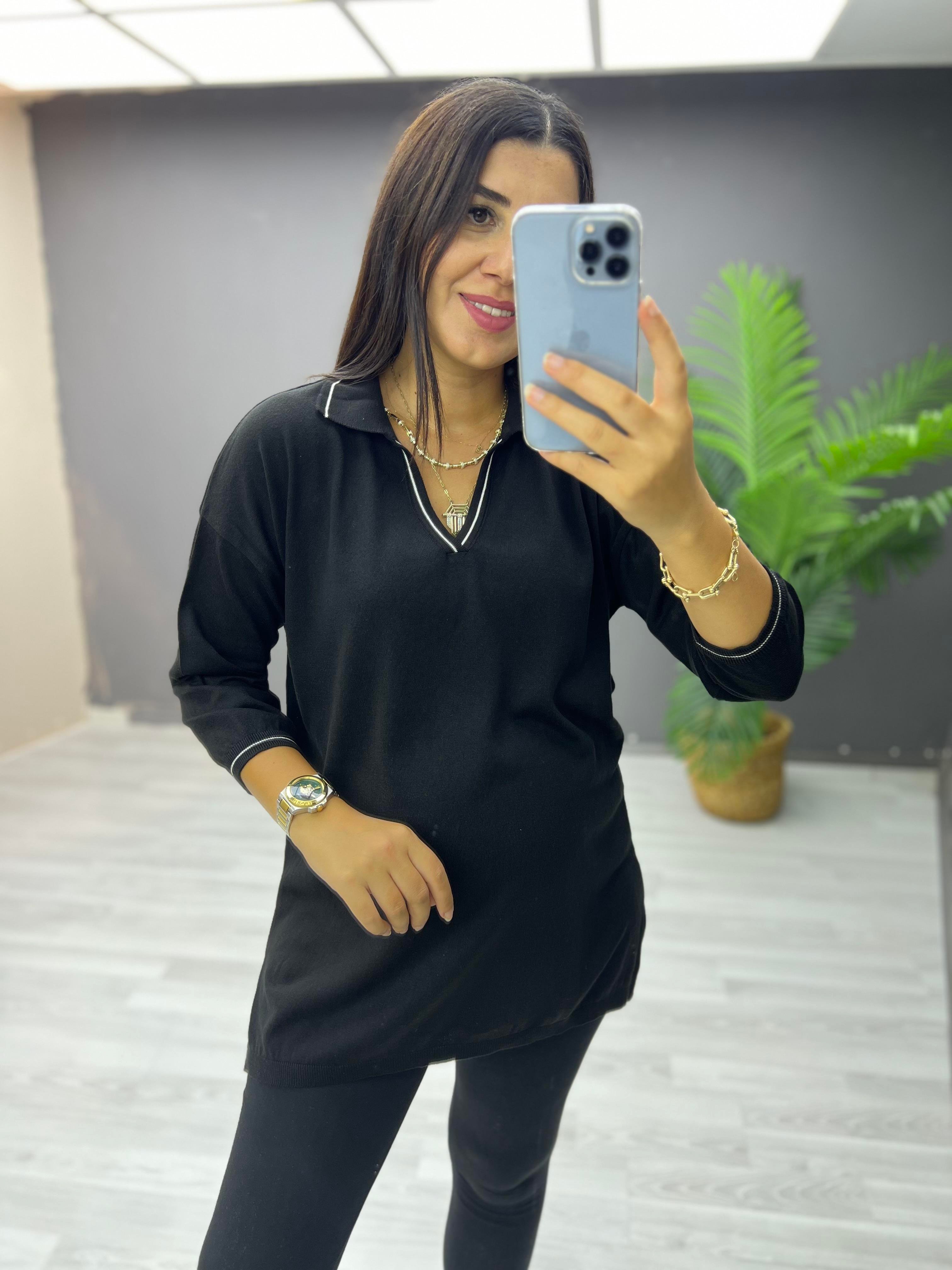Polo Yaka Biyeli Pamuk Triko Bluz Siyah