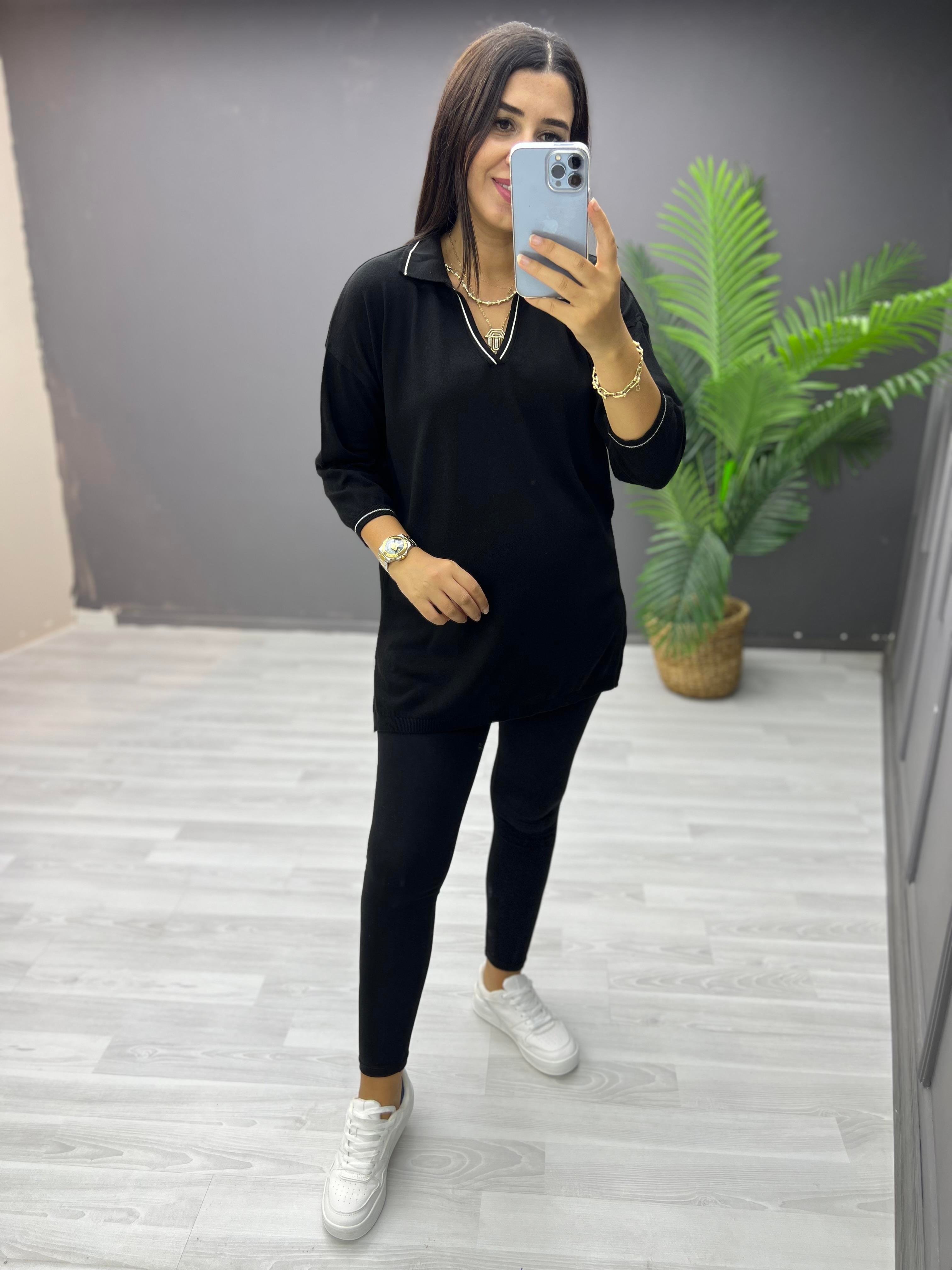 Polo Yaka Biyeli Pamuk Triko Bluz Siyah