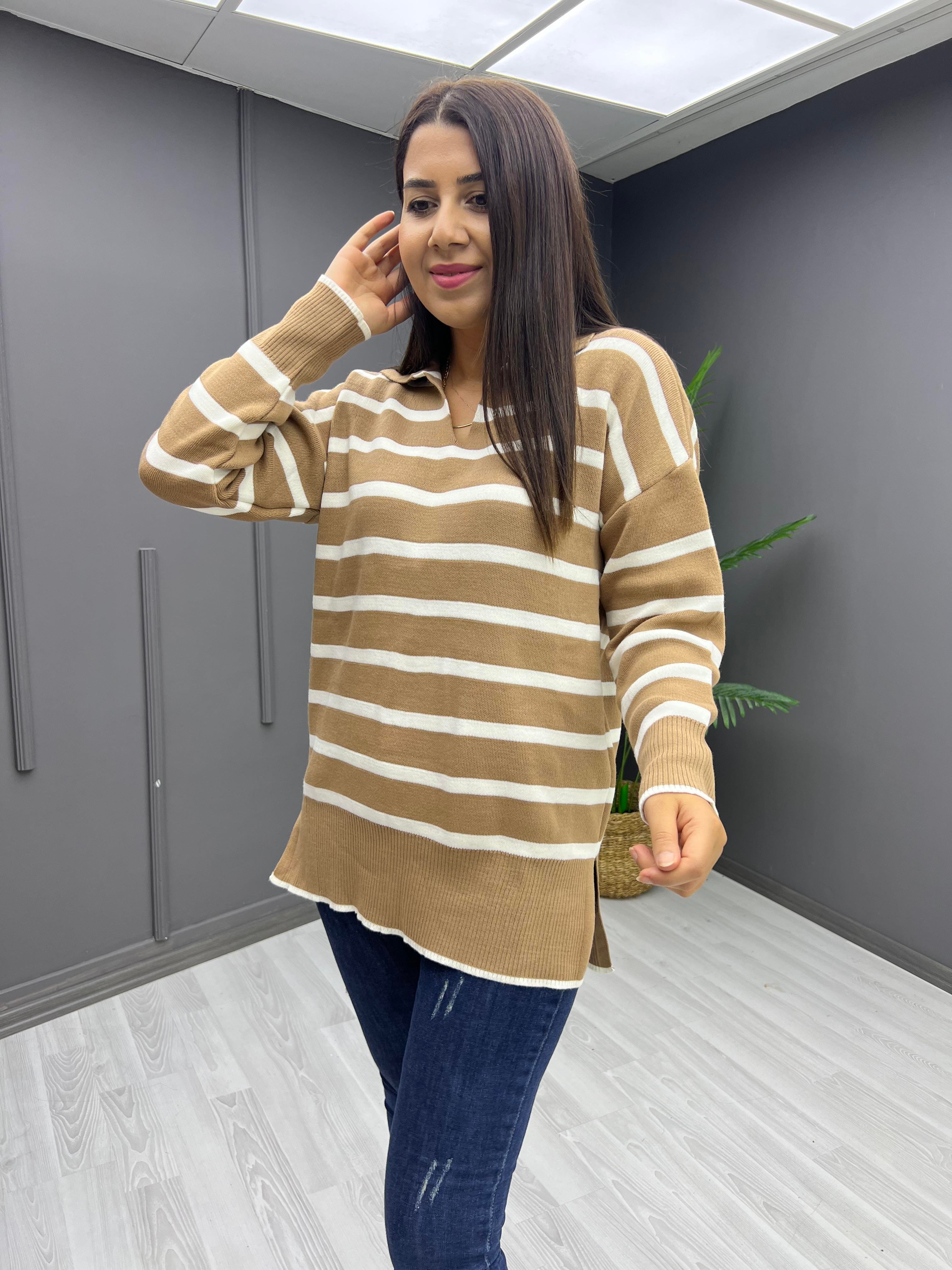 Polo Yaka Çizgili Çelik Triko Camel