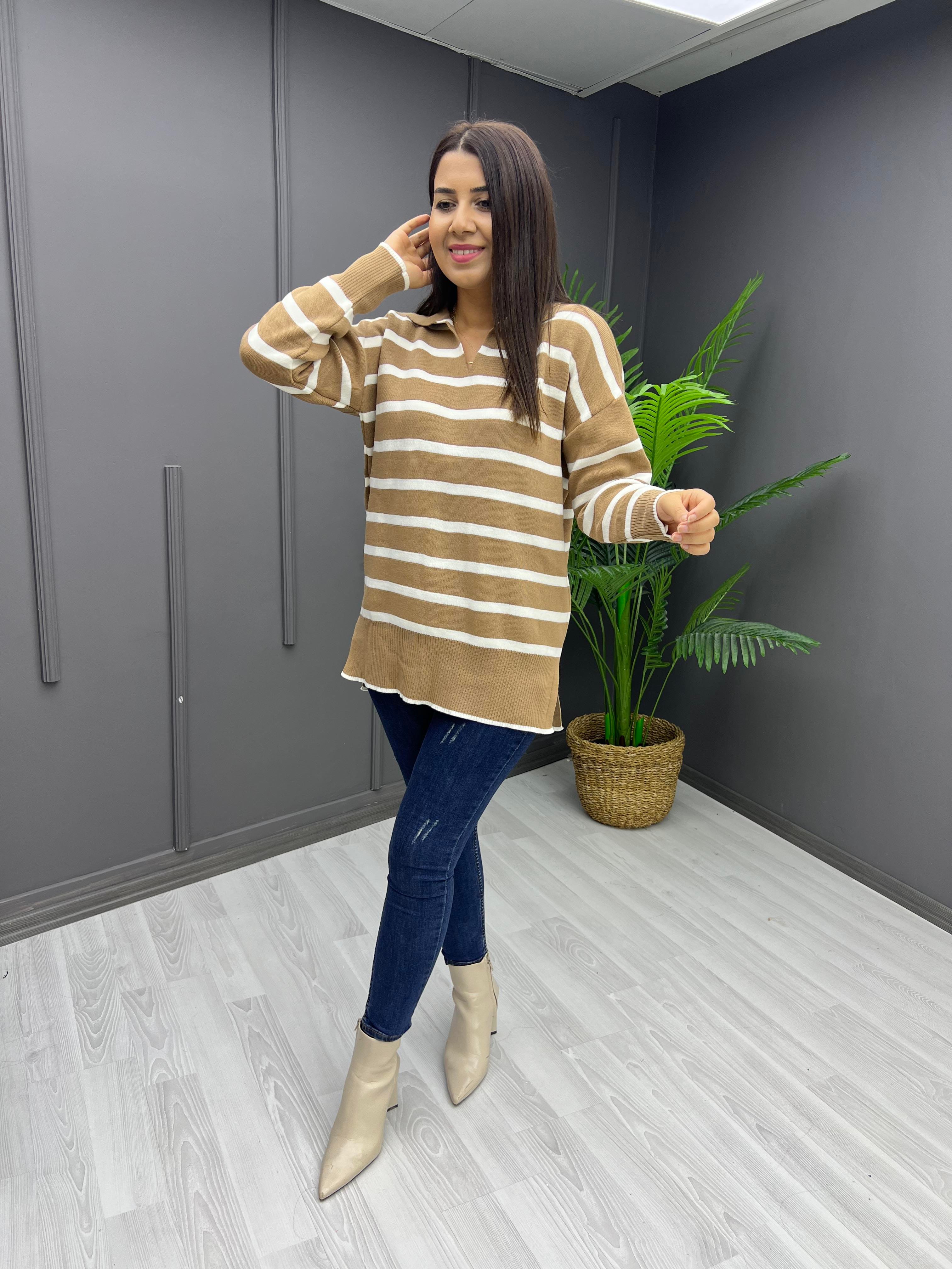 Polo Yaka Çizgili Çelik Triko Camel