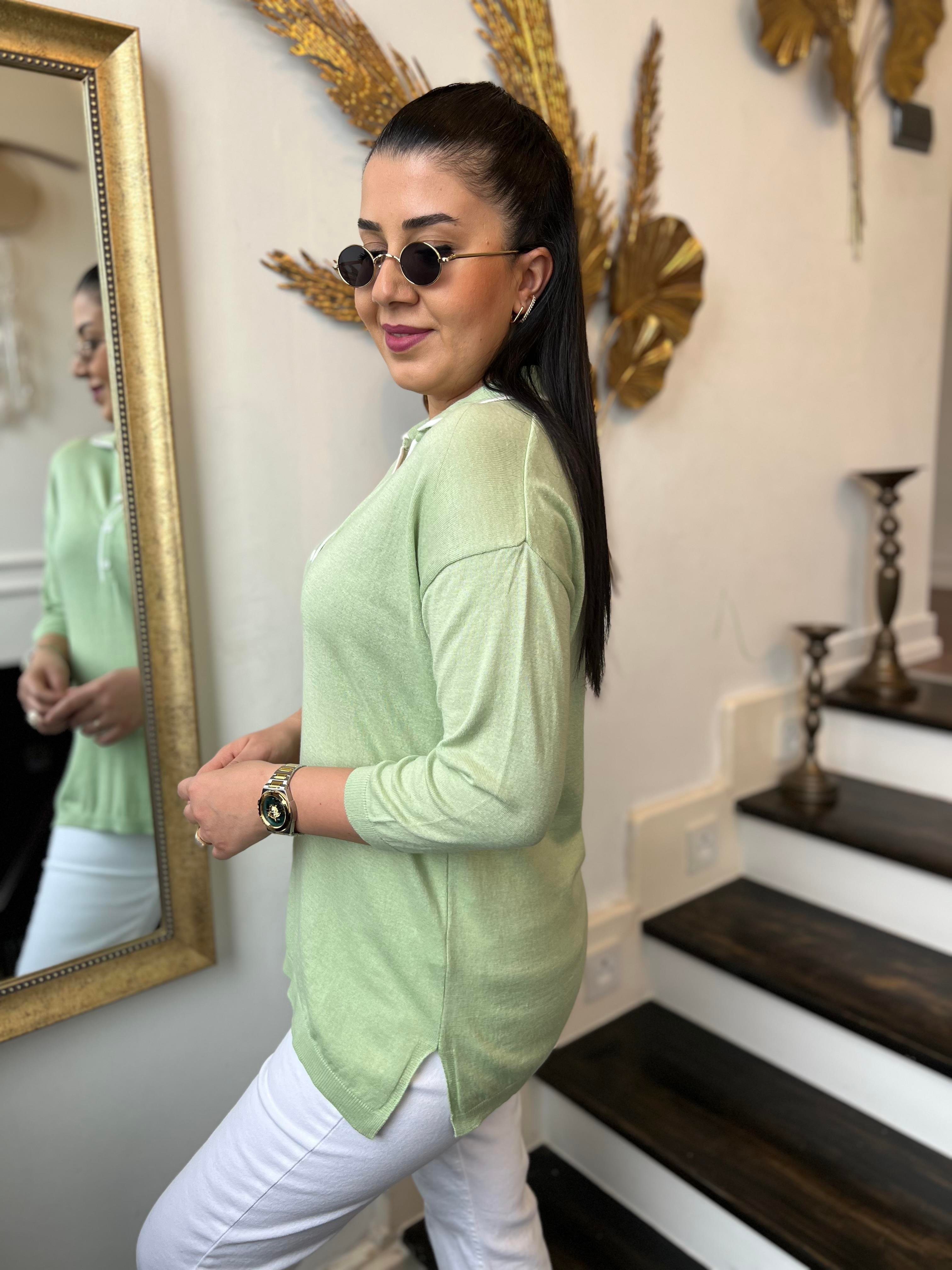 Polo Yaka Düğmeli Pamuk Triko Bluz Mint Yeşili